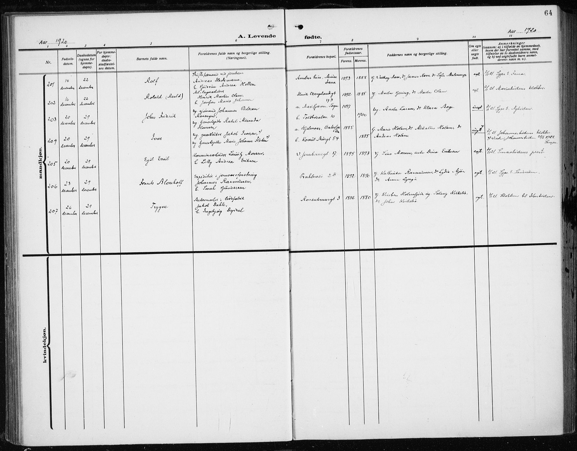 Fødselsstiftelsens sokneprestembete*, SAB/-: Parish register (official) no. A 5, 1918-1926, p. 64