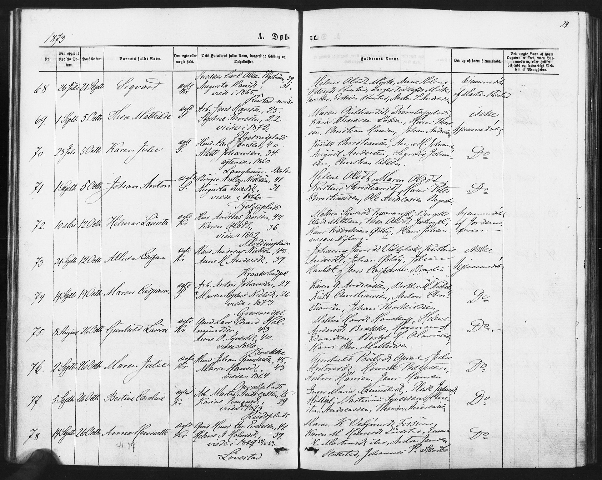 Kråkstad prestekontor Kirkebøker, AV/SAO-A-10125a/F/Fa/L0008: Parish register (official) no. I 8, 1870-1879, p. 24