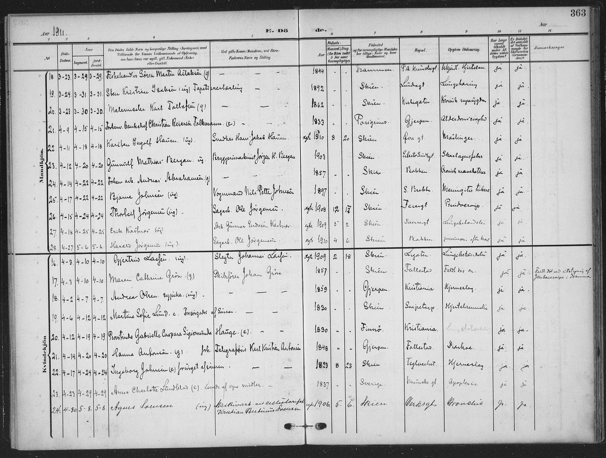 Skien kirkebøker, AV/SAKO-A-302/F/Fa/L0012: Parish register (official) no. 12, 1908-1914, p. 363