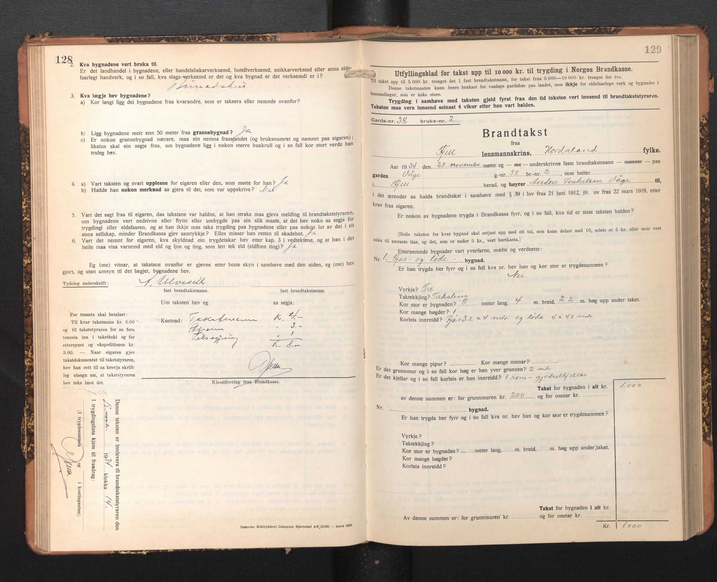 Lensmannen i Fjell, SAB/A-32301/0012/L0006: Branntakstprotokoll, skjematakst, 1931-1945, p. 128-129
