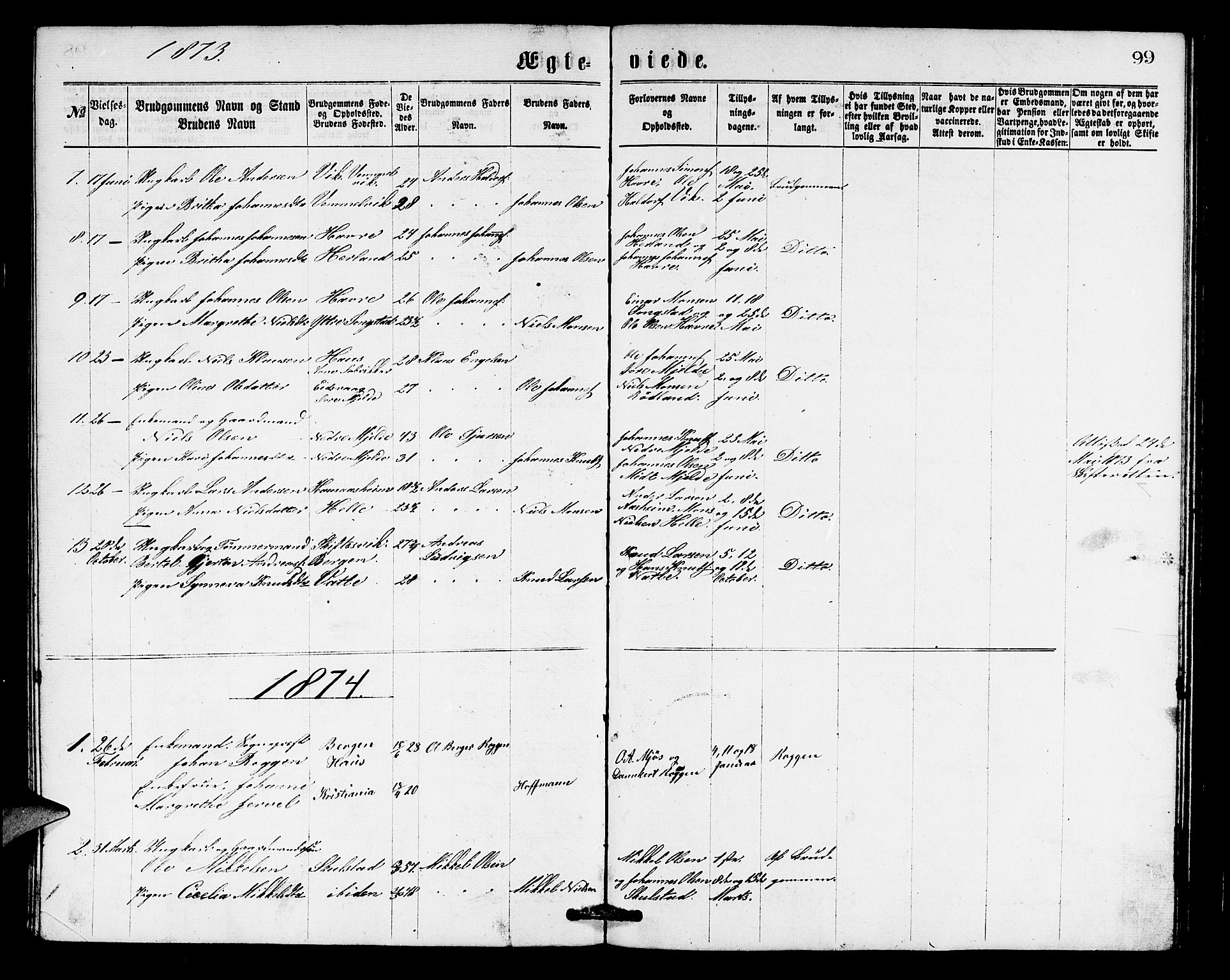 Haus sokneprestembete, SAB/A-75601/H/Hab: Parish register (copy) no. B 1, 1869-1878, p. 99