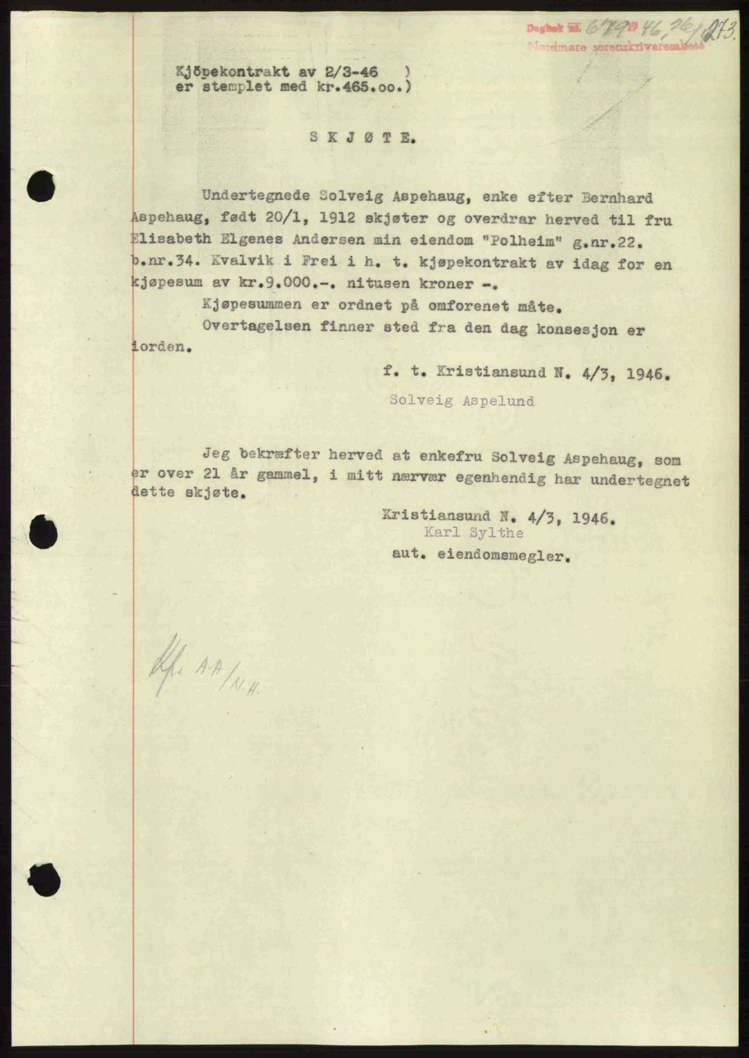 Nordmøre sorenskriveri, AV/SAT-A-4132/1/2/2Ca: Mortgage book no. A101, 1946-1946, Diary no: : 679/1946