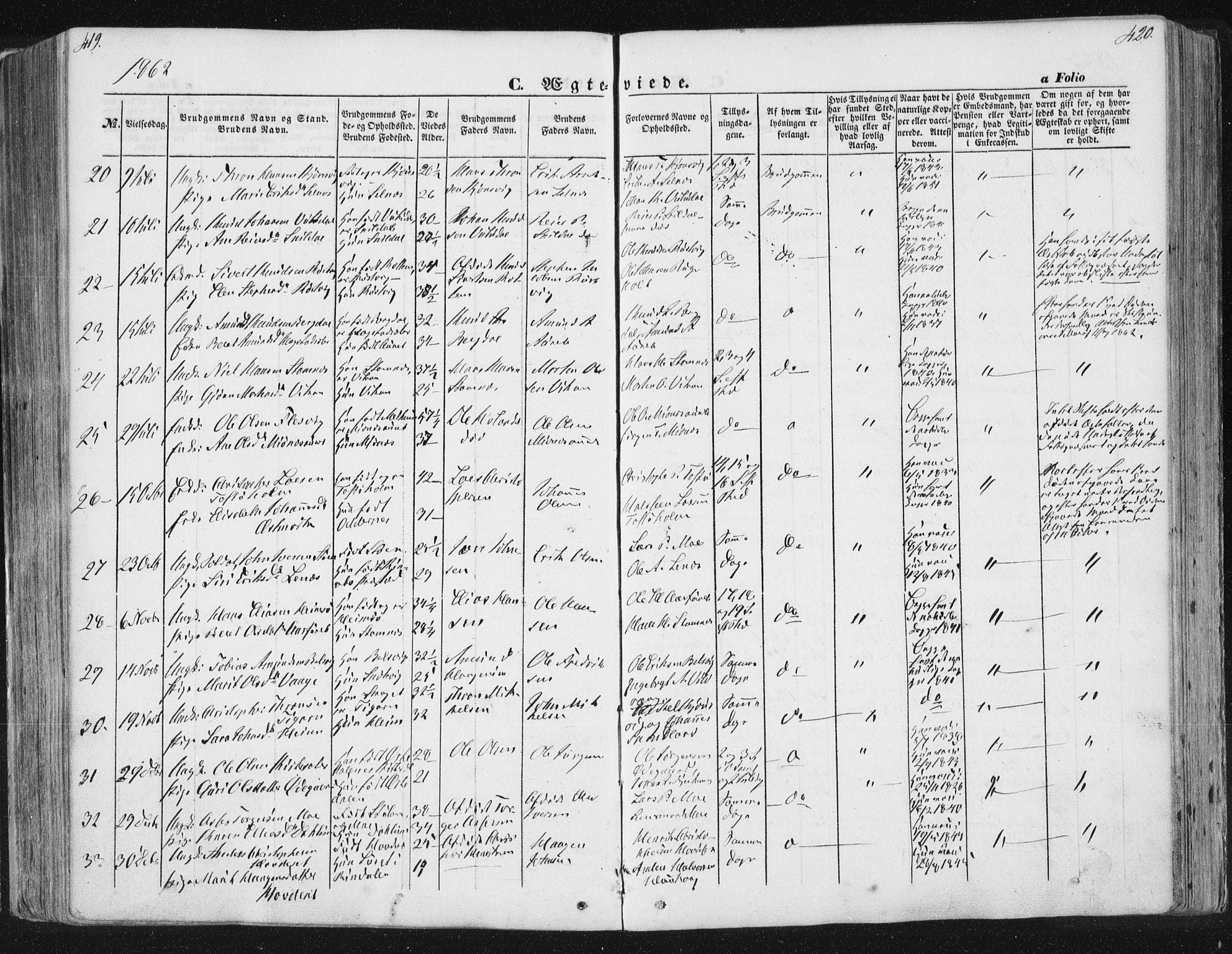 Ministerialprotokoller, klokkerbøker og fødselsregistre - Sør-Trøndelag, SAT/A-1456/630/L0494: Parish register (official) no. 630A07, 1852-1868, p. 419-420