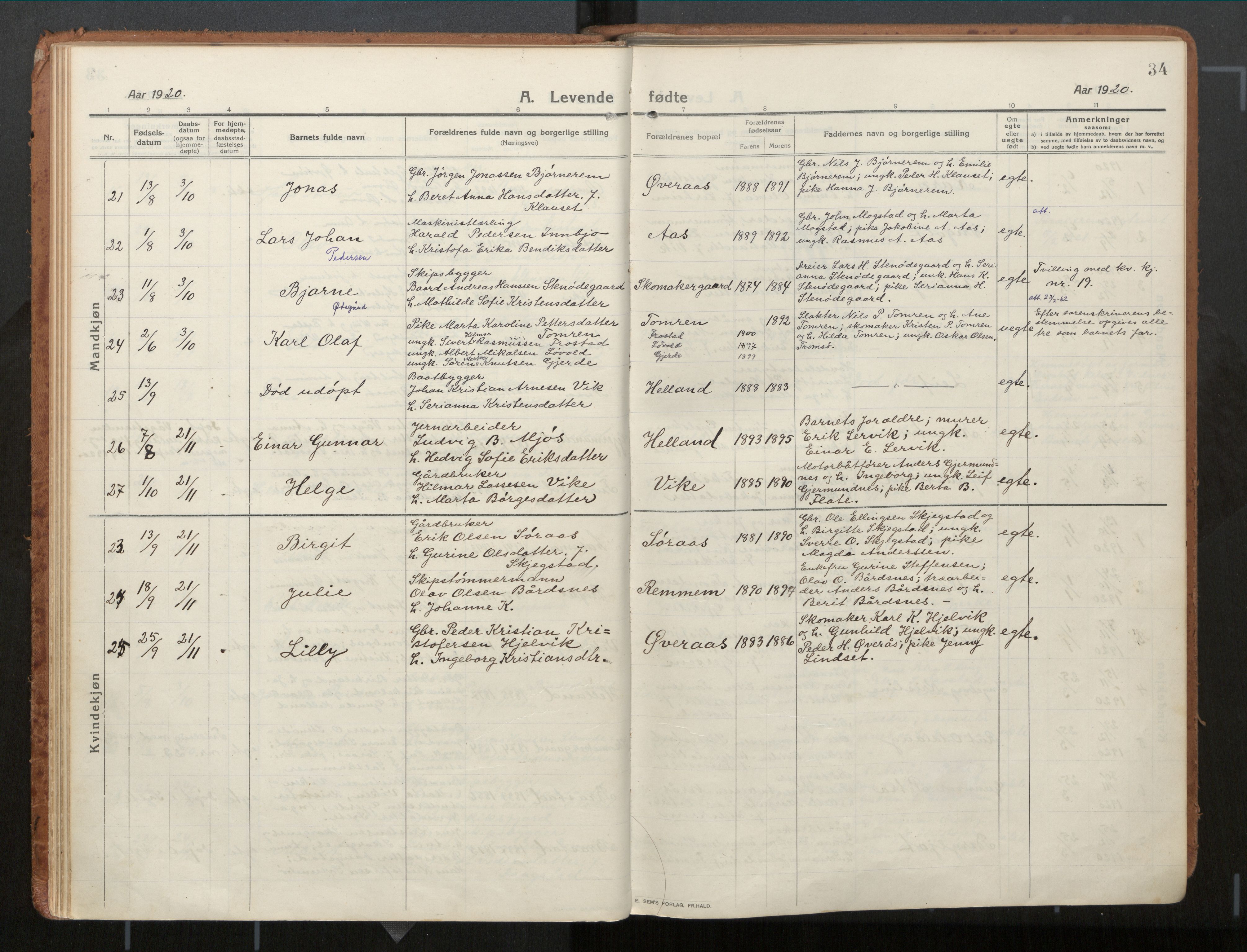 Ministerialprotokoller, klokkerbøker og fødselsregistre - Møre og Romsdal, AV/SAT-A-1454/539/L0534a: Parish register (official) no. 539A08, 1912-1935, p. 34