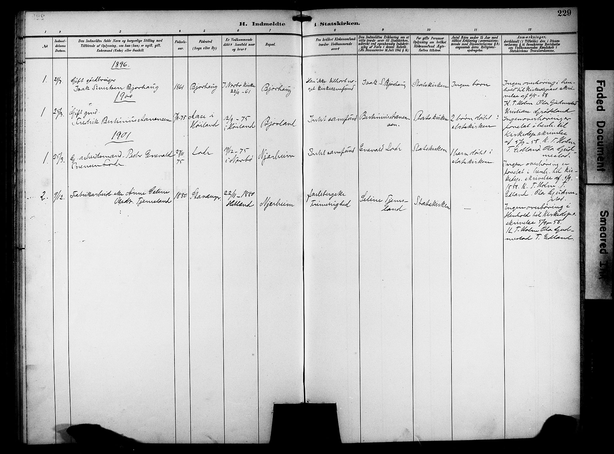 Hå sokneprestkontor, AV/SAST-A-101801/001/30BB/L0005: Parish register (copy) no. B 5, 1894-1912, p. 229