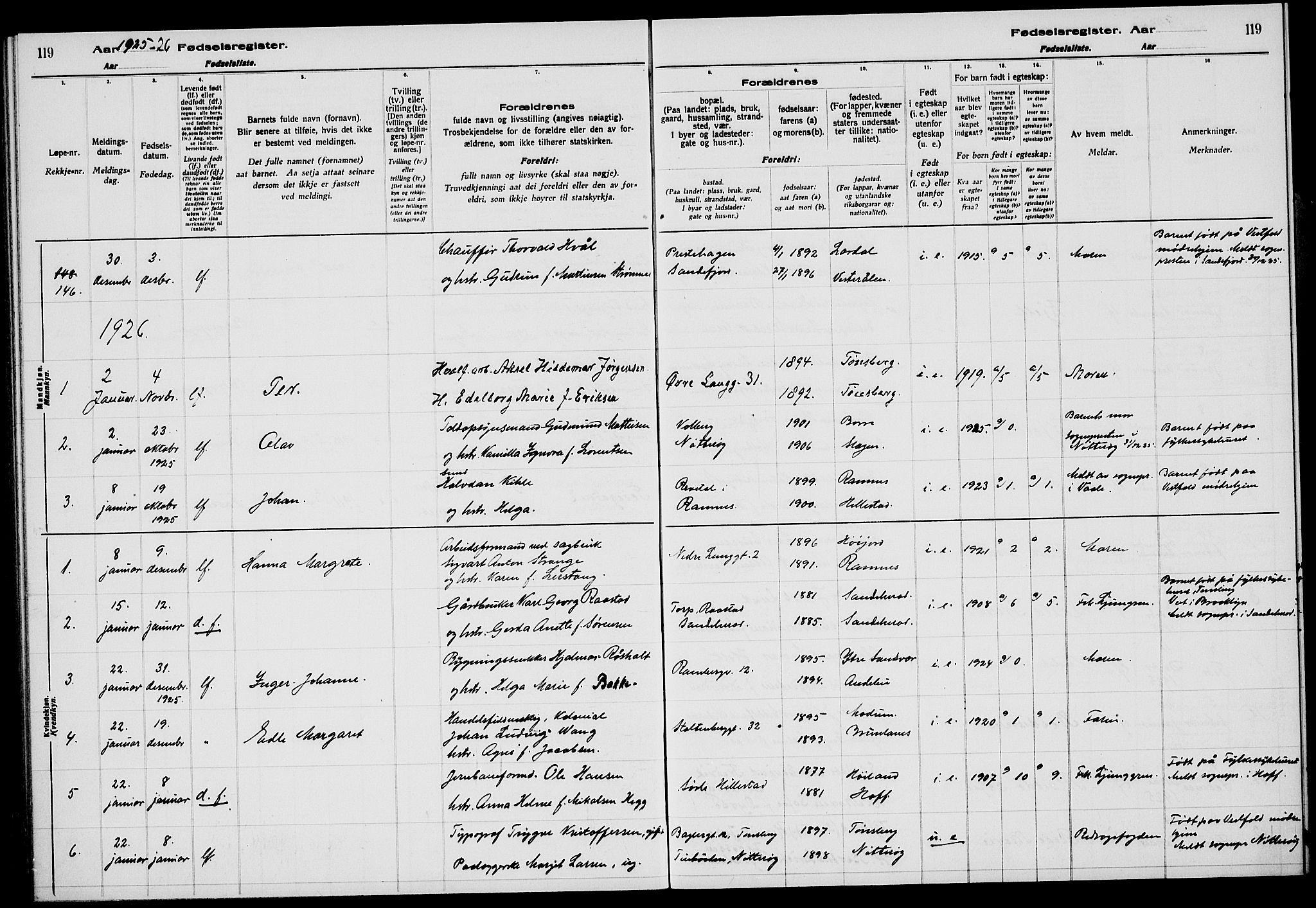 Tønsberg kirkebøker, AV/SAKO-A-330/J/Ja/L0002: Birth register no. 2, 1922-1928, p. 119