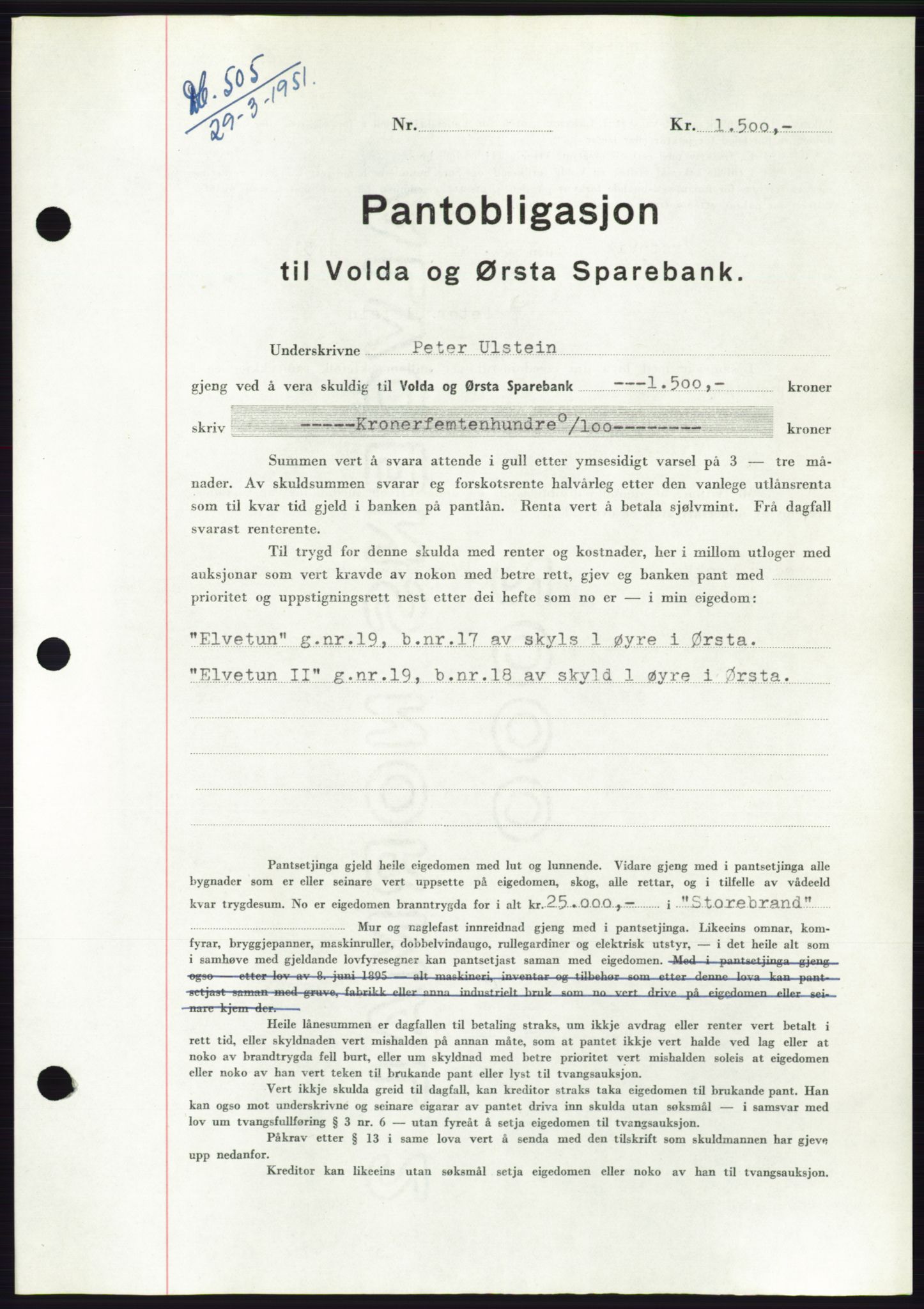 Søre Sunnmøre sorenskriveri, AV/SAT-A-4122/1/2/2C/L0119: Mortgage book no. 7B, 1950-1951, Diary no: : 505/1951