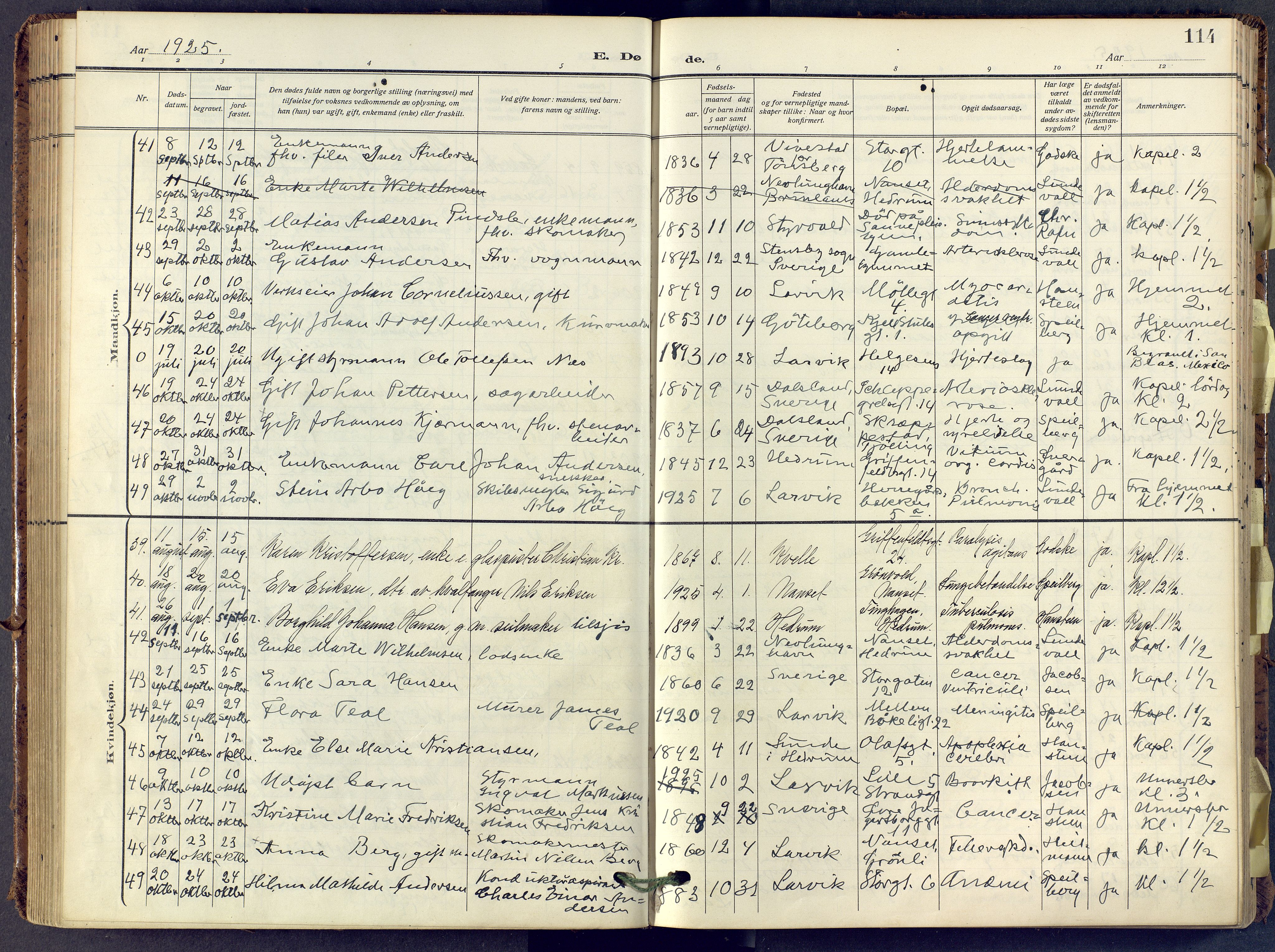 Larvik kirkebøker, SAKO/A-352/F/Fa/L0013: Parish register (official) no. I 13, 1910-1960, p. 114