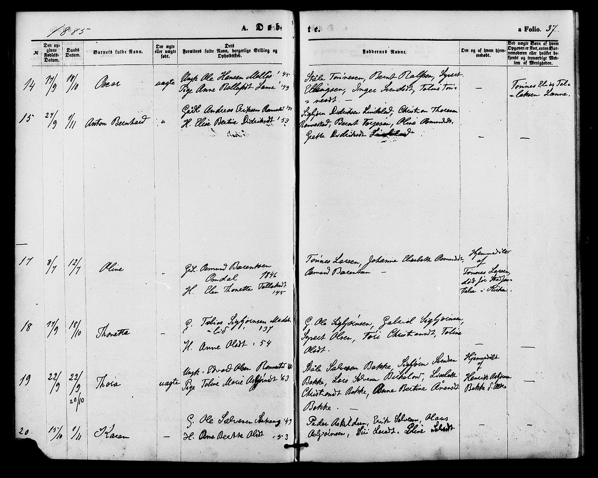 Bakke sokneprestkontor, AV/SAK-1111-0002/F/Fa/Faa/L0007: Parish register (official) no. A 7, 1877-1886, p. 37