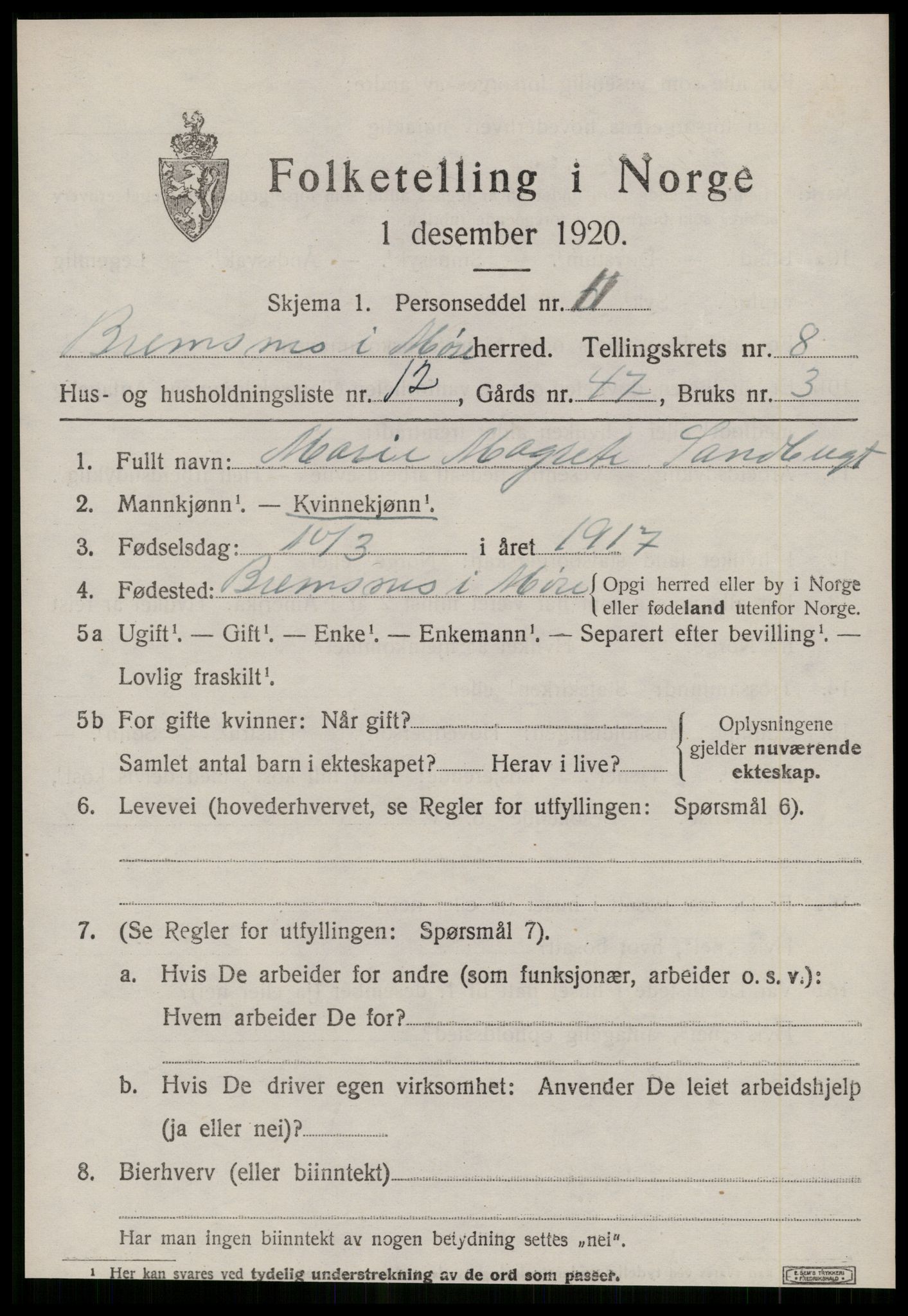 SAT, 1920 census for Bremsnes, 1920, p. 6871