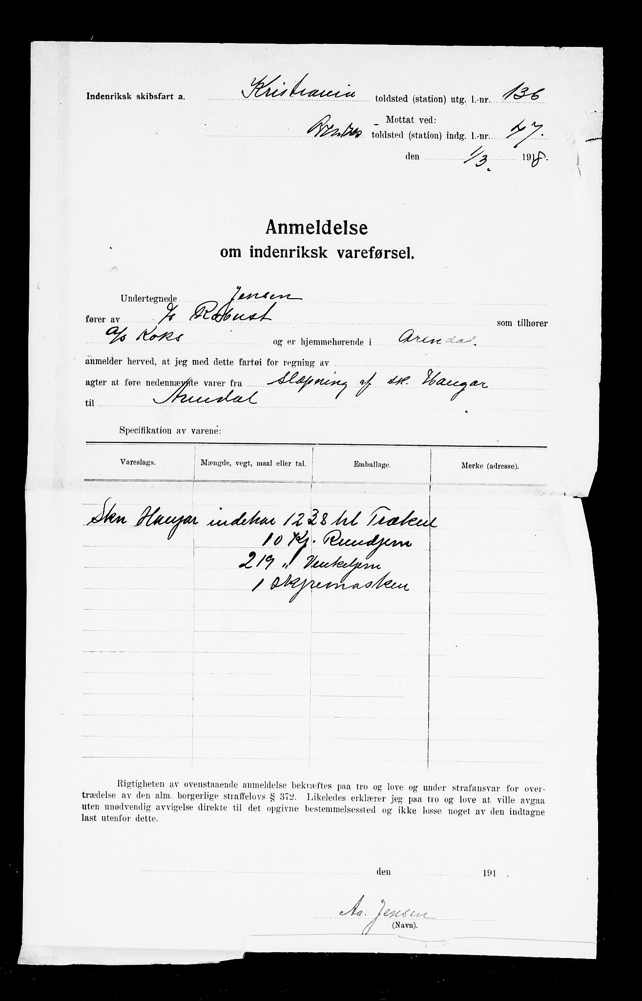 Arendal tollsted, SAK/1351-0003/H/Ha/L0896: Legitimasjonsbevis for fartøyer i innenriksfart, 1886-1948, p. 2