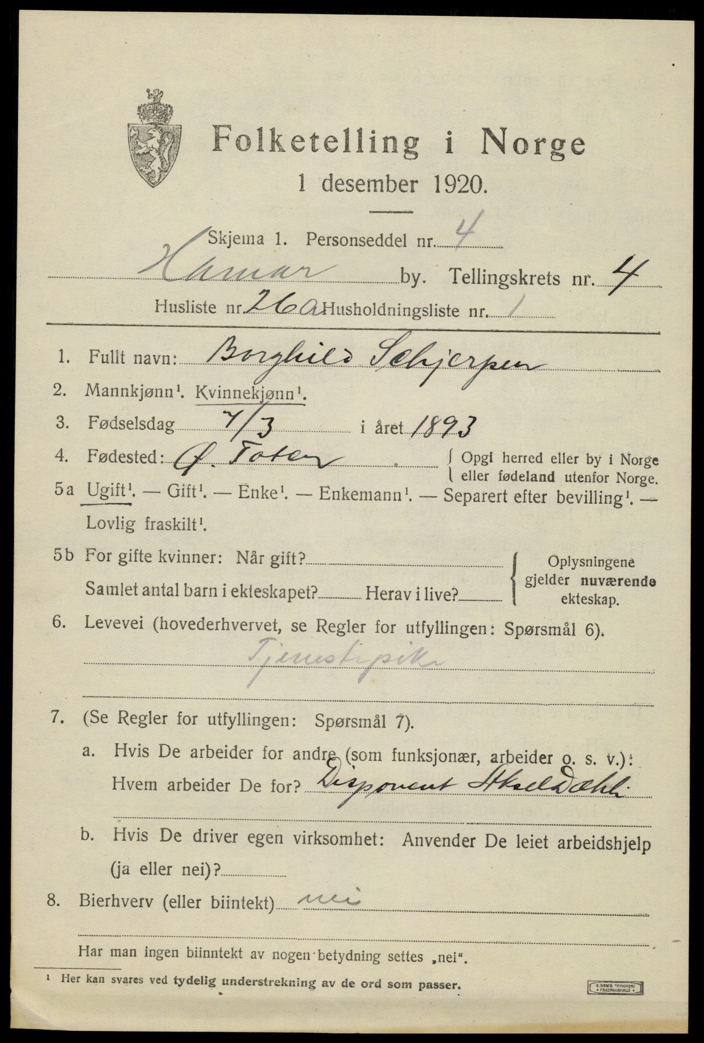 SAH, 1920 census for Hamar, 1920, p. 9065