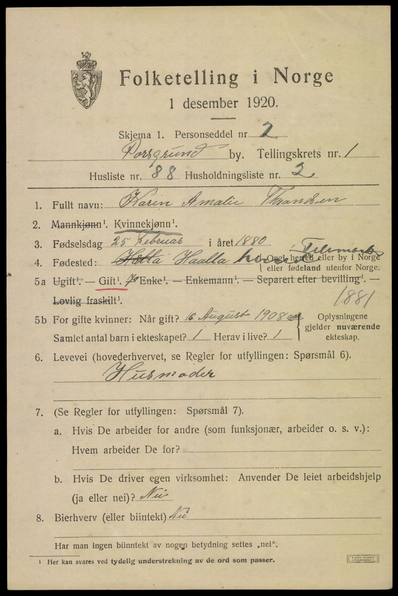 SAKO, 1920 census for Porsgrunn, 1920, p. 8215
