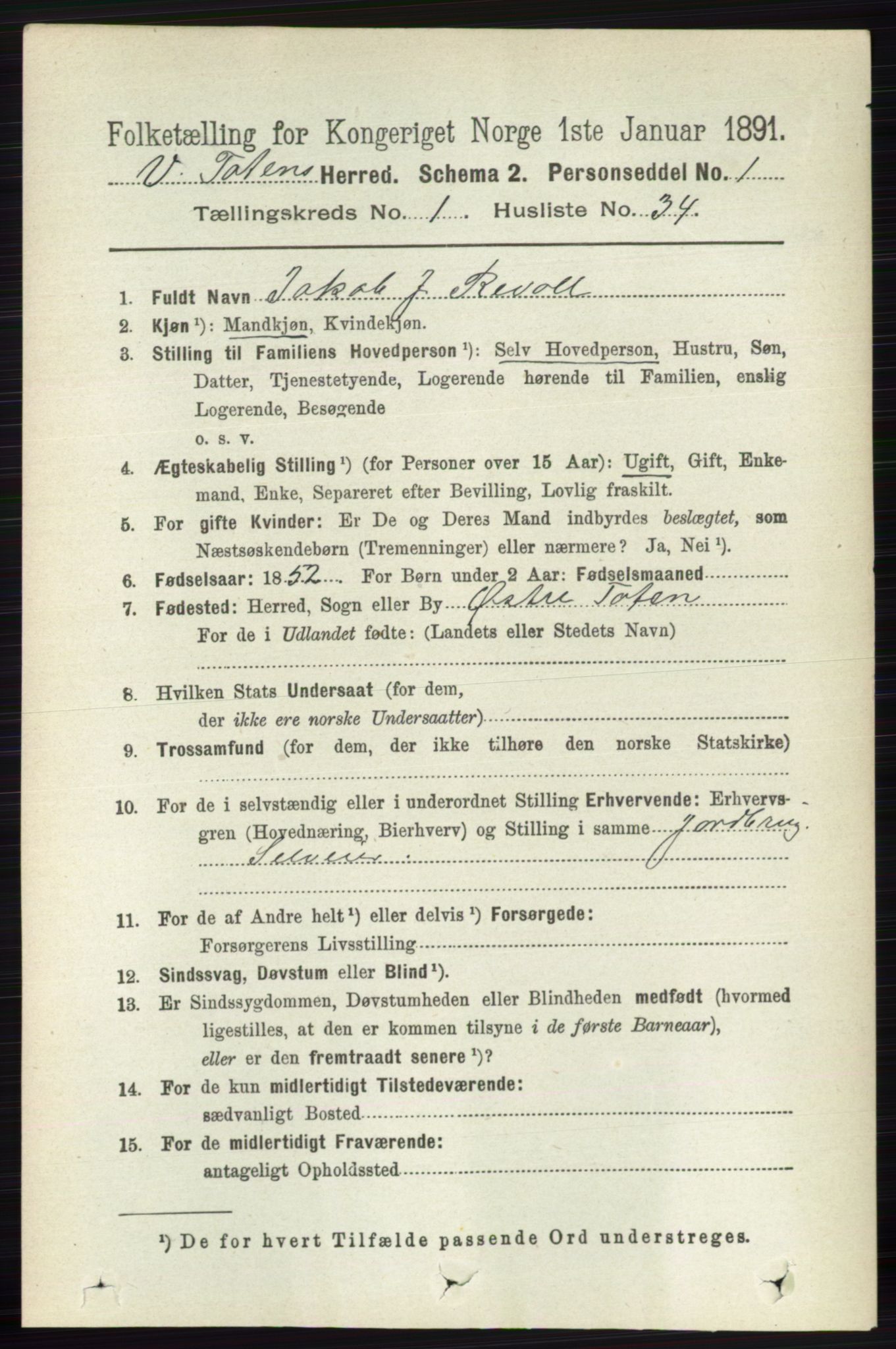 RA, 1891 census for 0529 Vestre Toten, 1891, p. 401