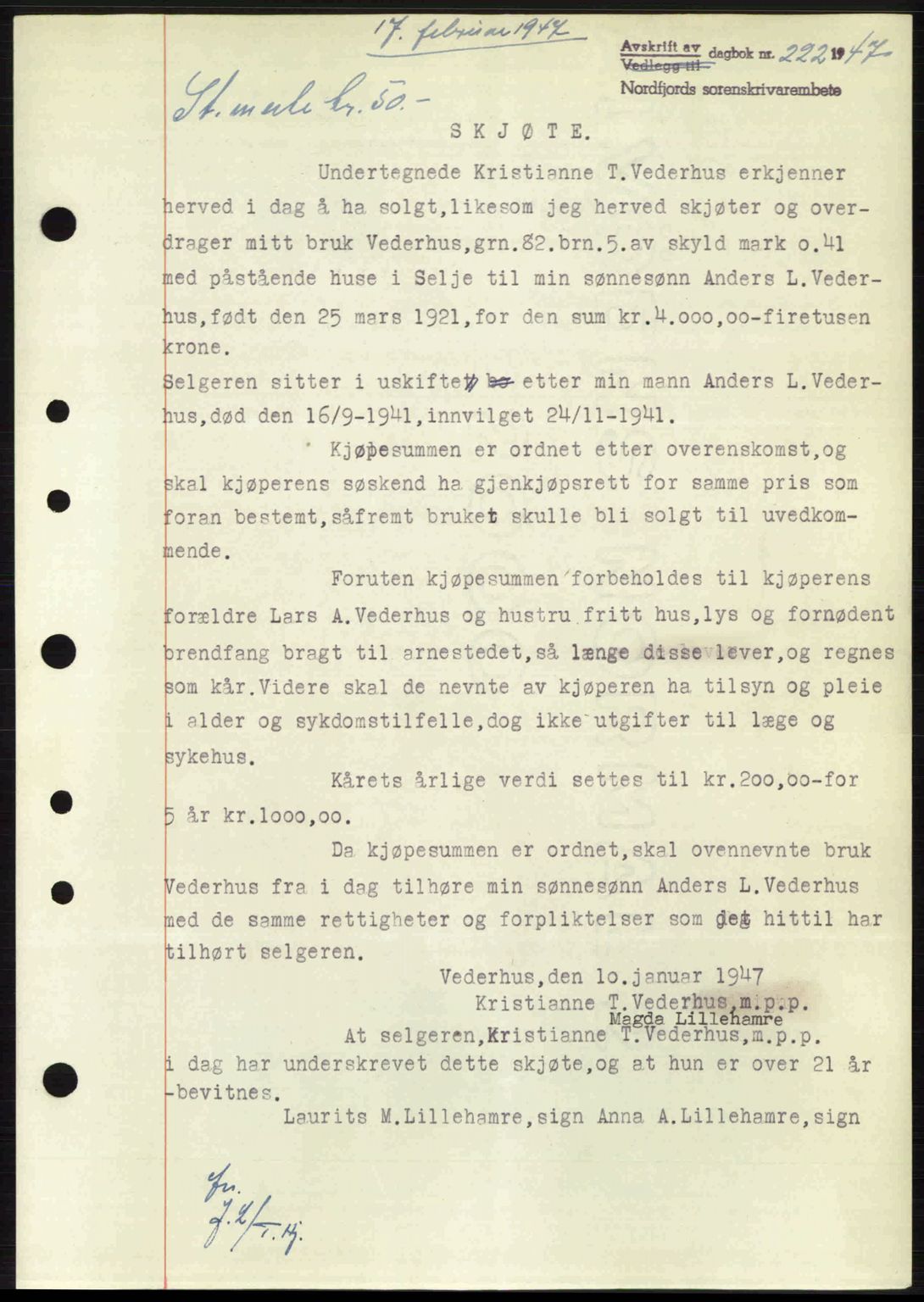 Nordfjord sorenskriveri, AV/SAB-A-2801/02/02b/02bj/L0011: Mortgage book no. A11, 1946-1947, Diary no: : 222/1947