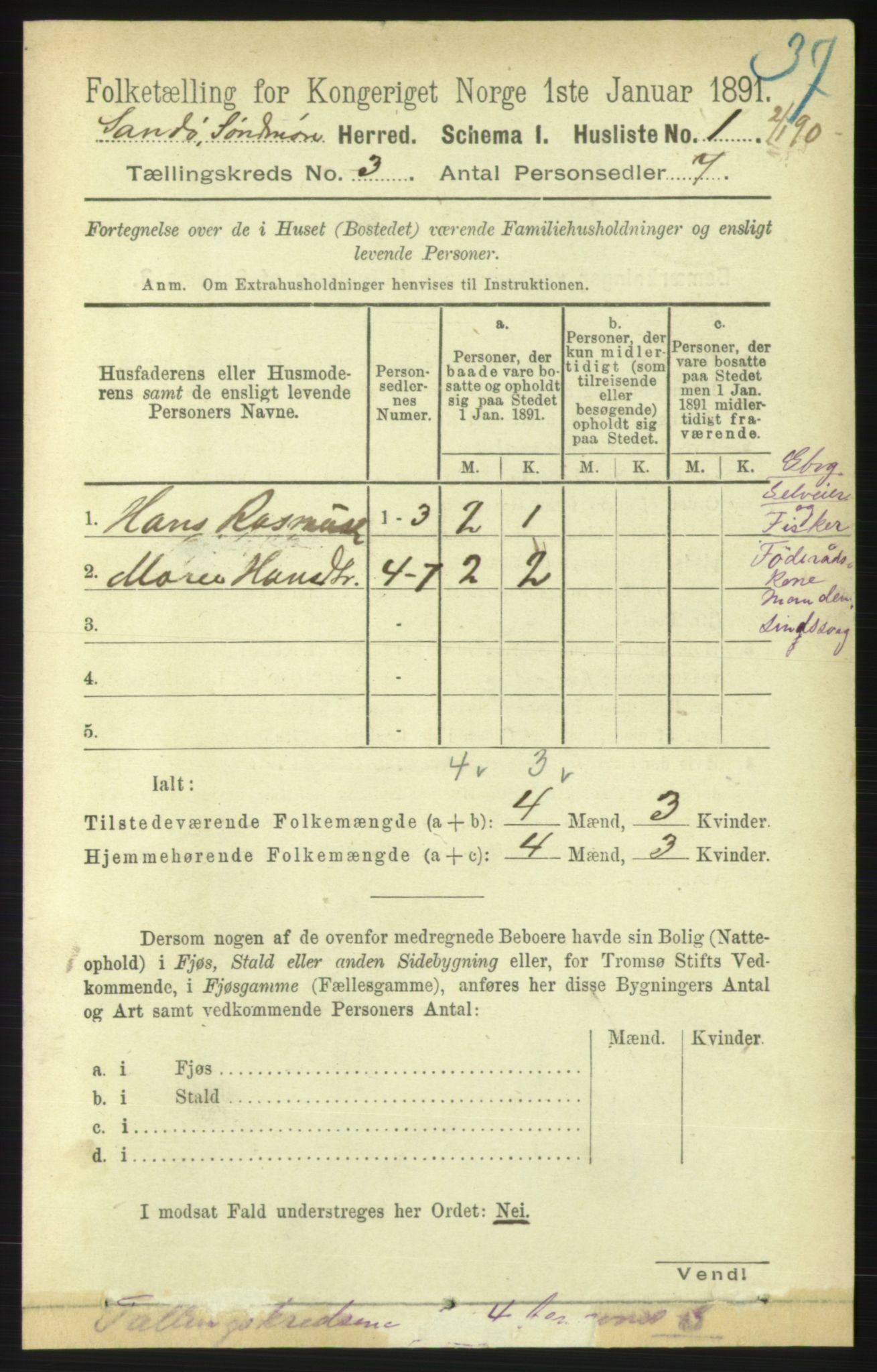 RA, 1891 census for 1514 Sande, 1891, p. 419