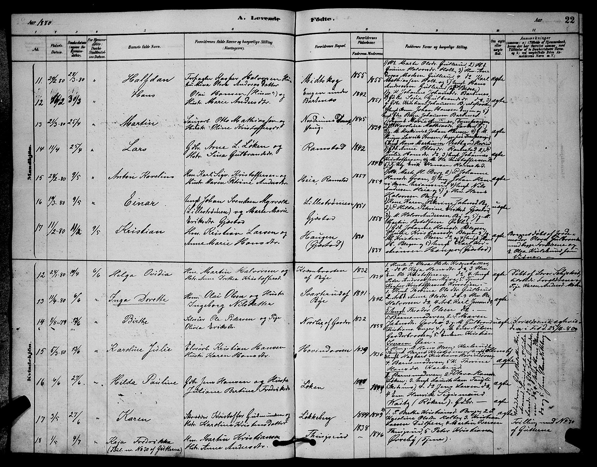 Fet prestekontor Kirkebøker, AV/SAO-A-10370a/G/Ga/L0006: Parish register (copy) no. I 6, 1878-1891, p. 22