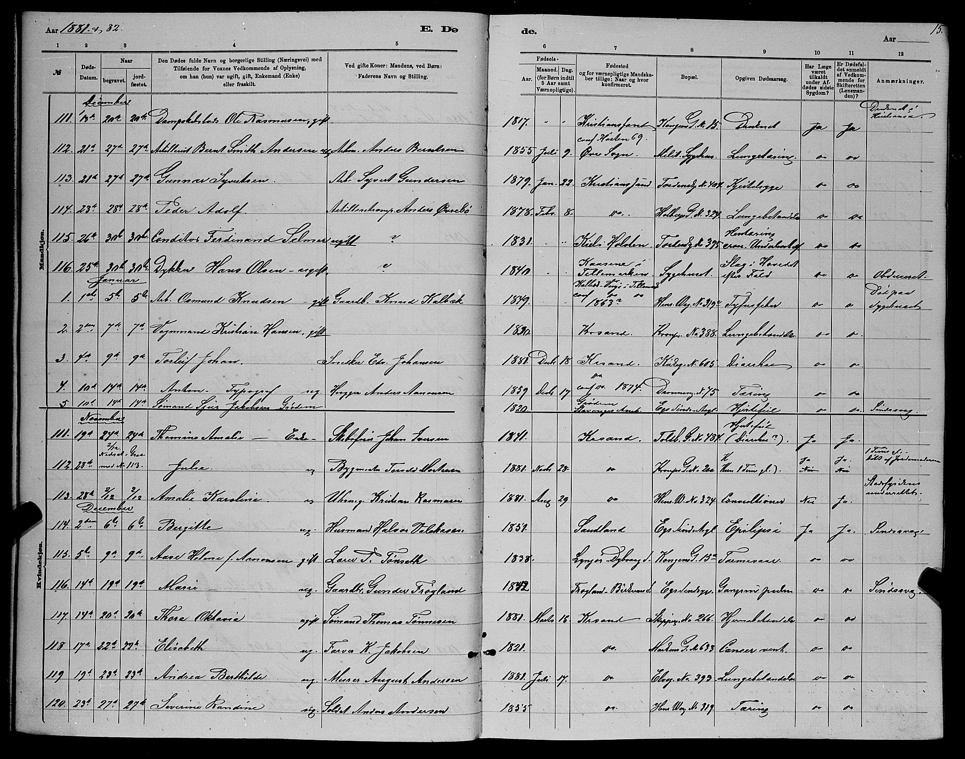 Kristiansand domprosti, SAK/1112-0006/F/Fb/L0016: Parish register (copy) no. B 16, 1881-1893, p. 15