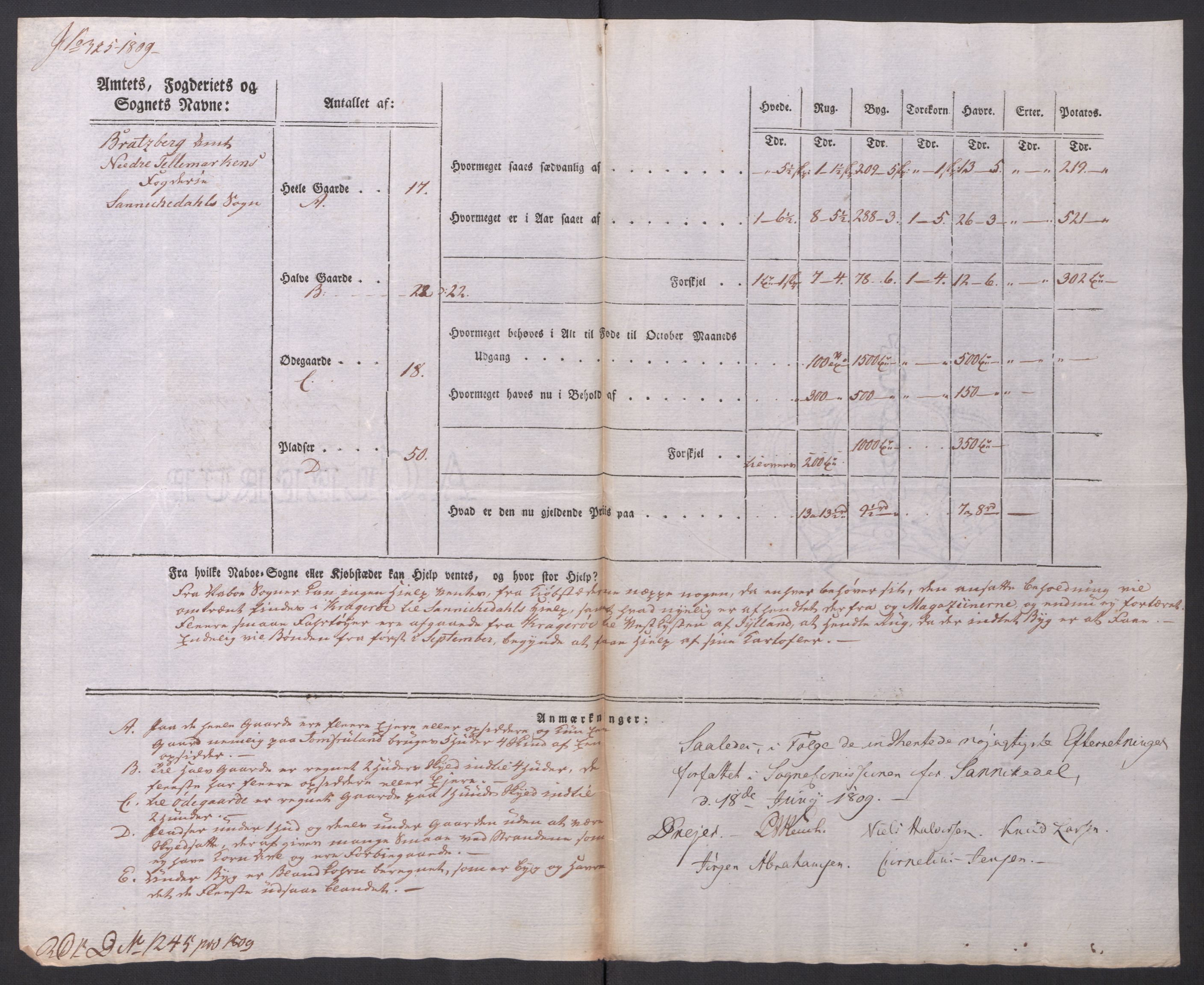 Regjeringskommisjonen 1807-1810, 1. kontor/byrå, AV/RA-EA-2871/Dd/L0014: Kornavl: De utfyldte skjemaer fra sognekommisjonene i Kristiania og Kristiansand stift, 1809, p. 243