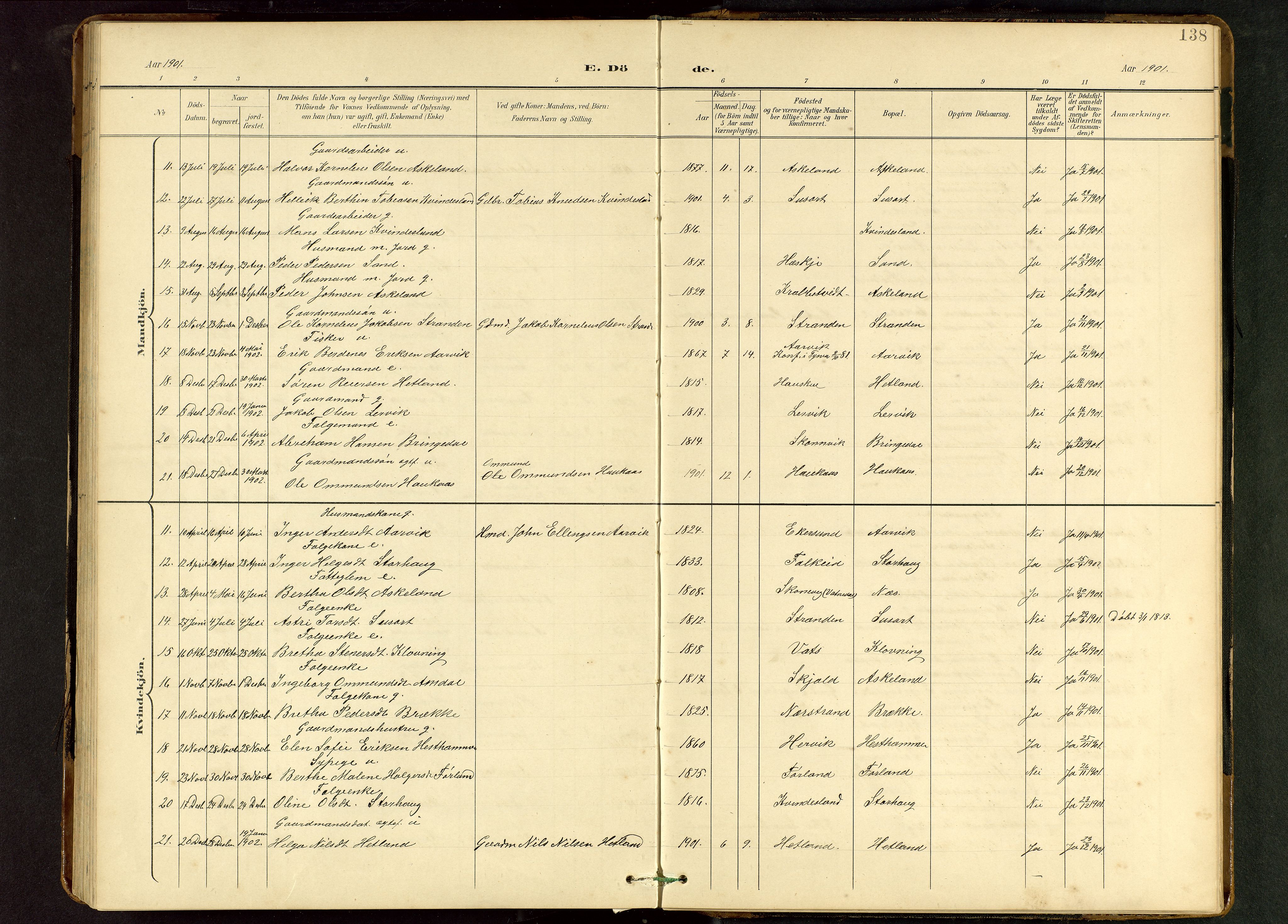 Tysvær sokneprestkontor, AV/SAST-A -101864/H/Ha/Hab/L0010: Parish register (copy) no. B 10, 1897-1912, p. 138