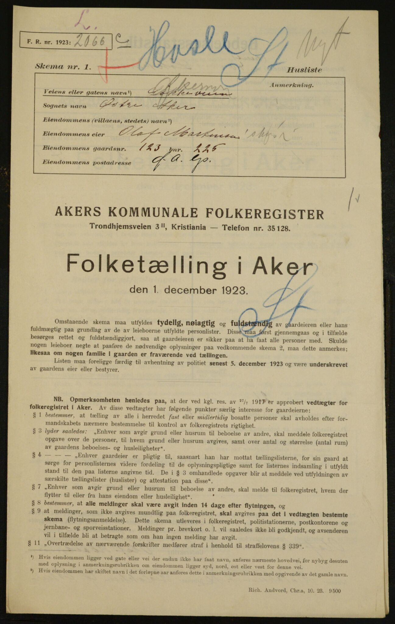 , Municipal Census 1923 for Aker, 1923, p. 35606