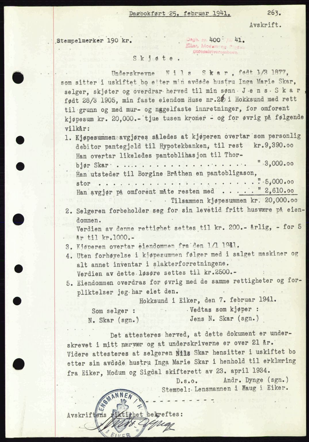 Eiker, Modum og Sigdal sorenskriveri, SAKO/A-123/G/Ga/Gab/L0043: Mortgage book no. A13, 1940-1941, Diary no: : 400/1941