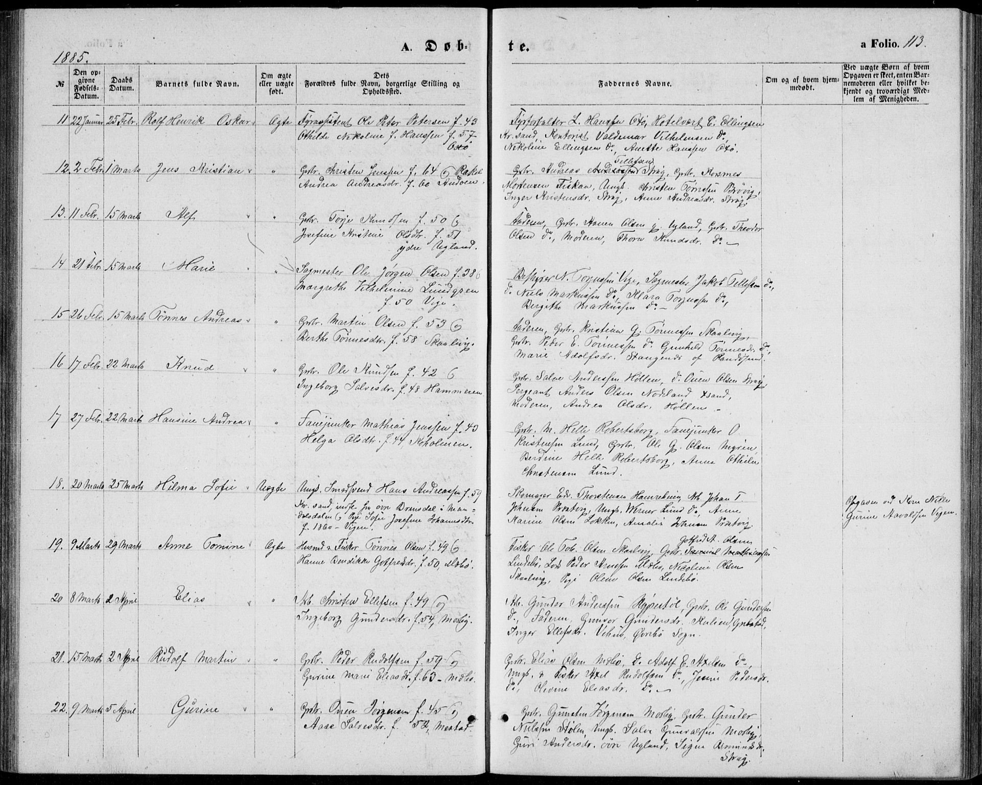 Oddernes sokneprestkontor, AV/SAK-1111-0033/F/Fb/Fba/L0007: Parish register (copy) no. B 7, 1869-1887, p. 113