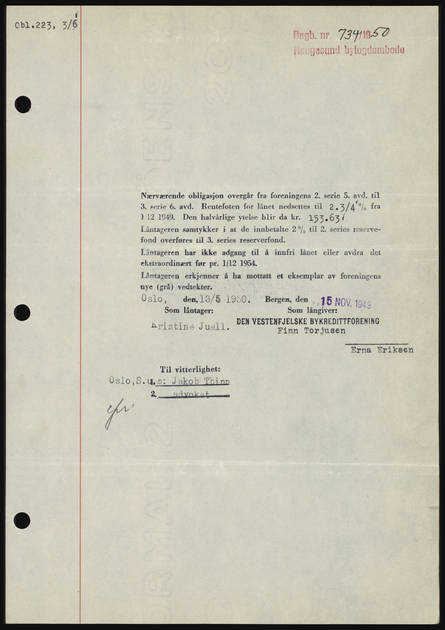 Haugesund tingrett, AV/SAST-A-101415/01/II/IIC/L0037: Mortgage book no. B 37, 1949-1950, Diary no: : 734/1950