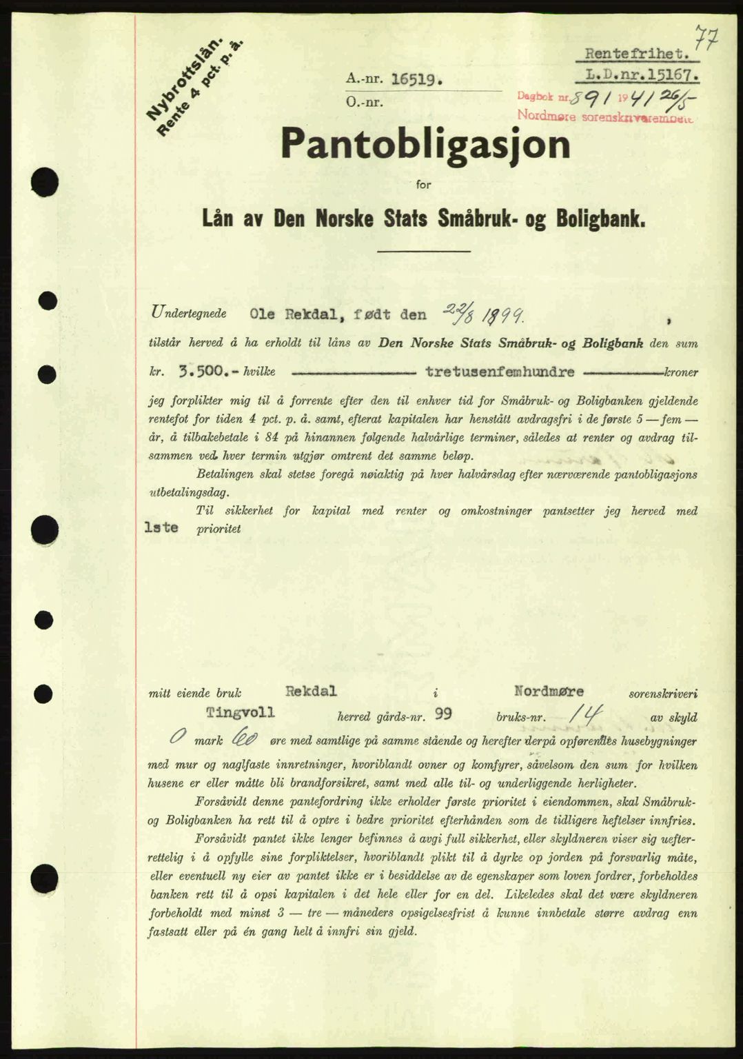 Nordmøre sorenskriveri, AV/SAT-A-4132/1/2/2Ca: Mortgage book no. B88, 1941-1942, Diary no: : 891/1941