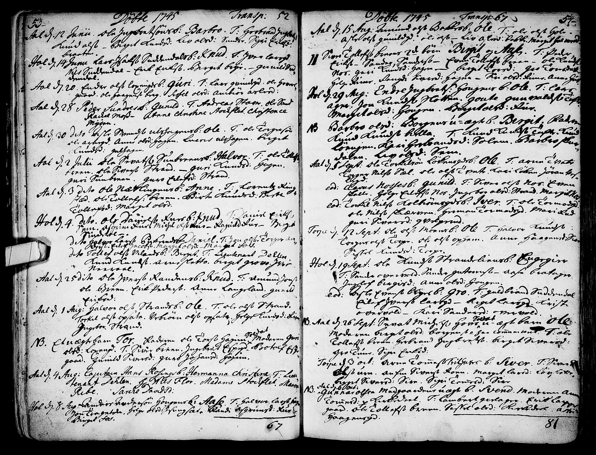 Ål kirkebøker, SAKO/A-249/F/Fa/L0001: Parish register (official) no. I 1, 1744-1769, p. 53-54