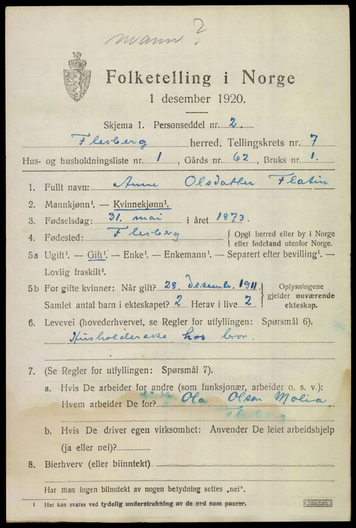 SAKO, 1920 census for Flesberg, 1920, p. 2737