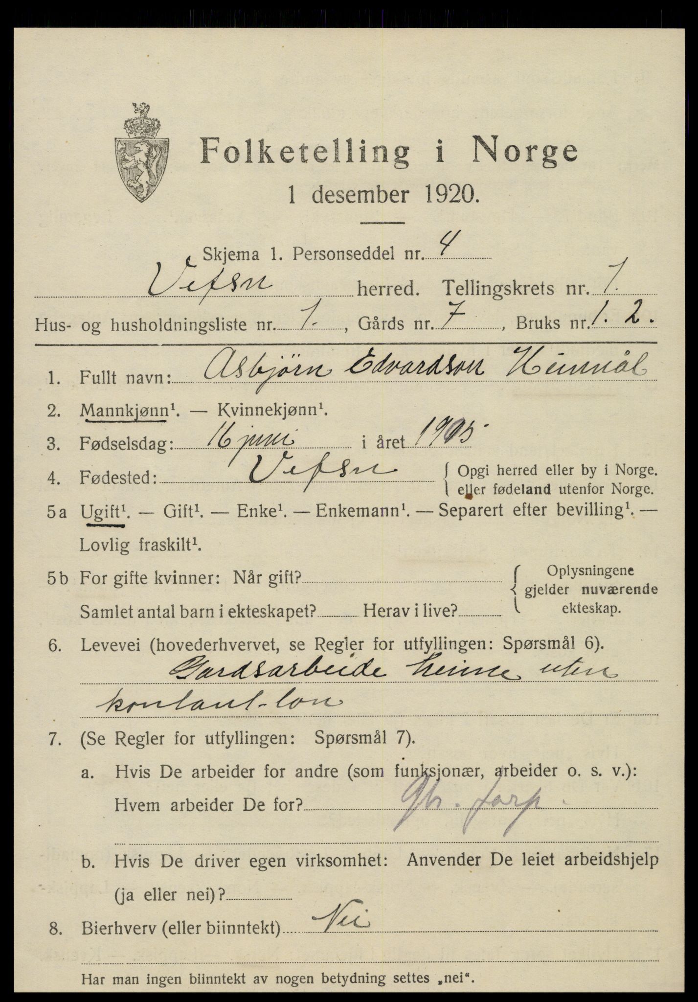 SAT, 1920 census for Vefsn, 1920, p. 1645