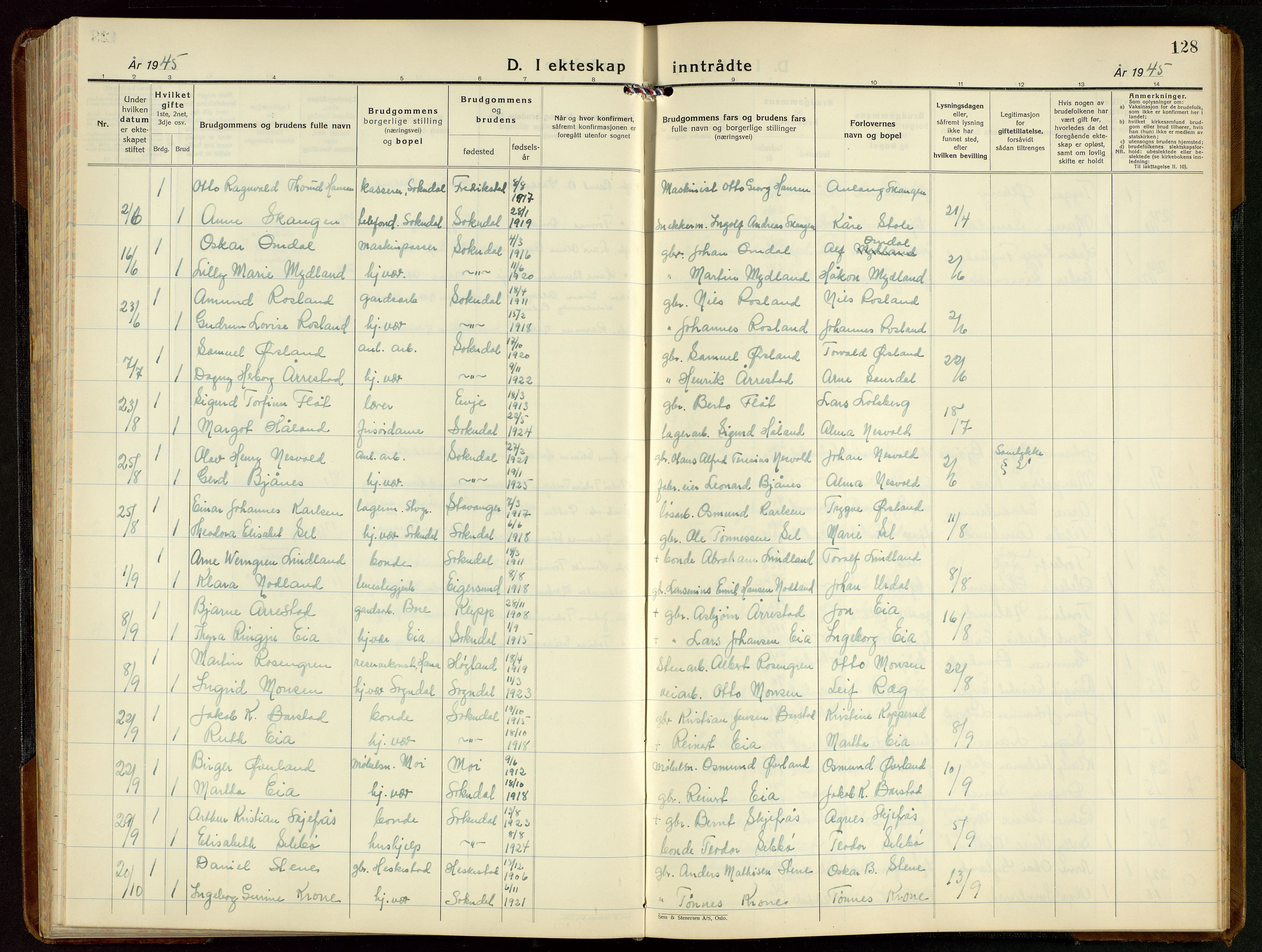 Sokndal sokneprestkontor, SAST/A-101808: Parish register (copy) no. B 9, 1935-1949, p. 128