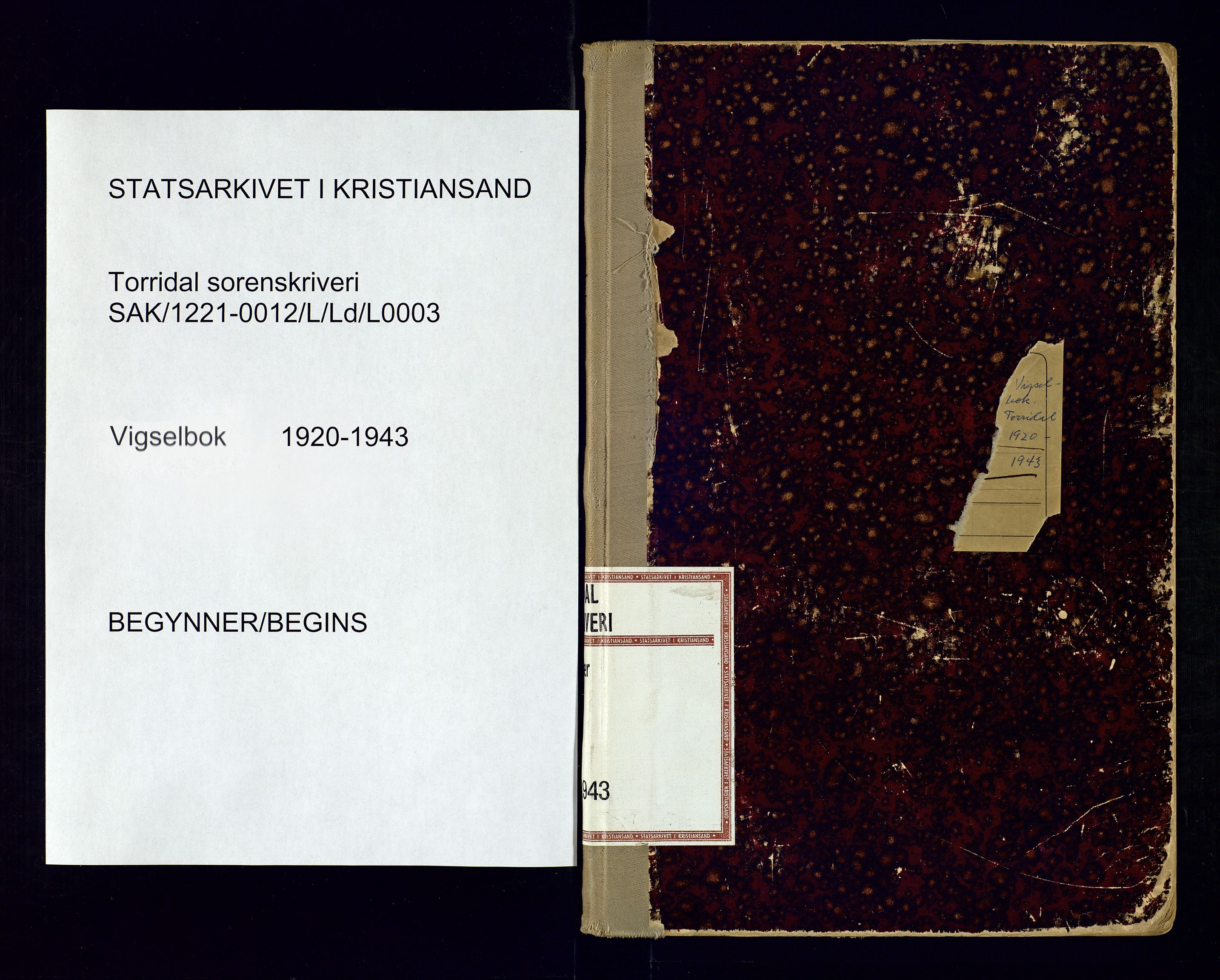 Torridal sorenskriveri, SAK/1221-0012/L/Ld/L0003: Vigselbok nr. 1, 1920-1943