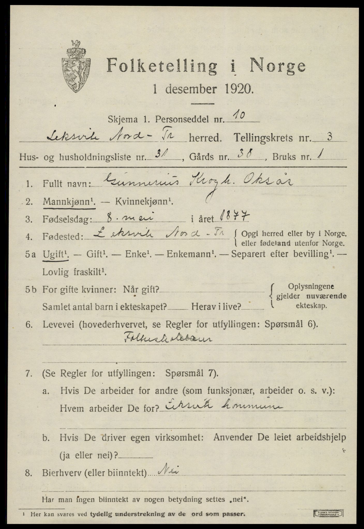 SAT, 1920 census for Leksvik, 1920, p. 3276