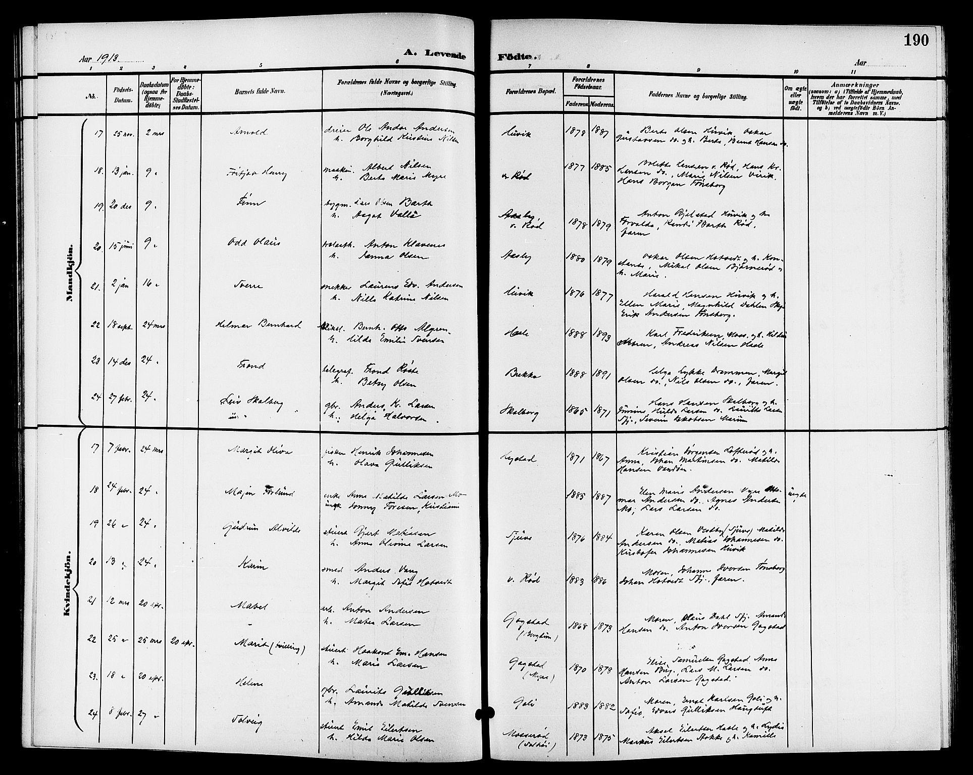 Sandar kirkebøker, AV/SAKO-A-243/G/Ga/L0002: Parish register (copy) no. 2, 1900-1915, p. 190