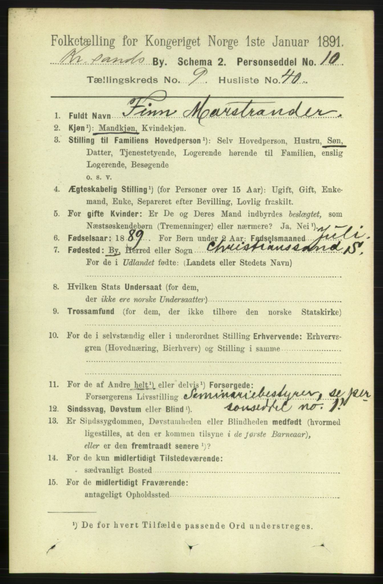 RA, 1891 census for 1001 Kristiansand, 1891, p. 5337