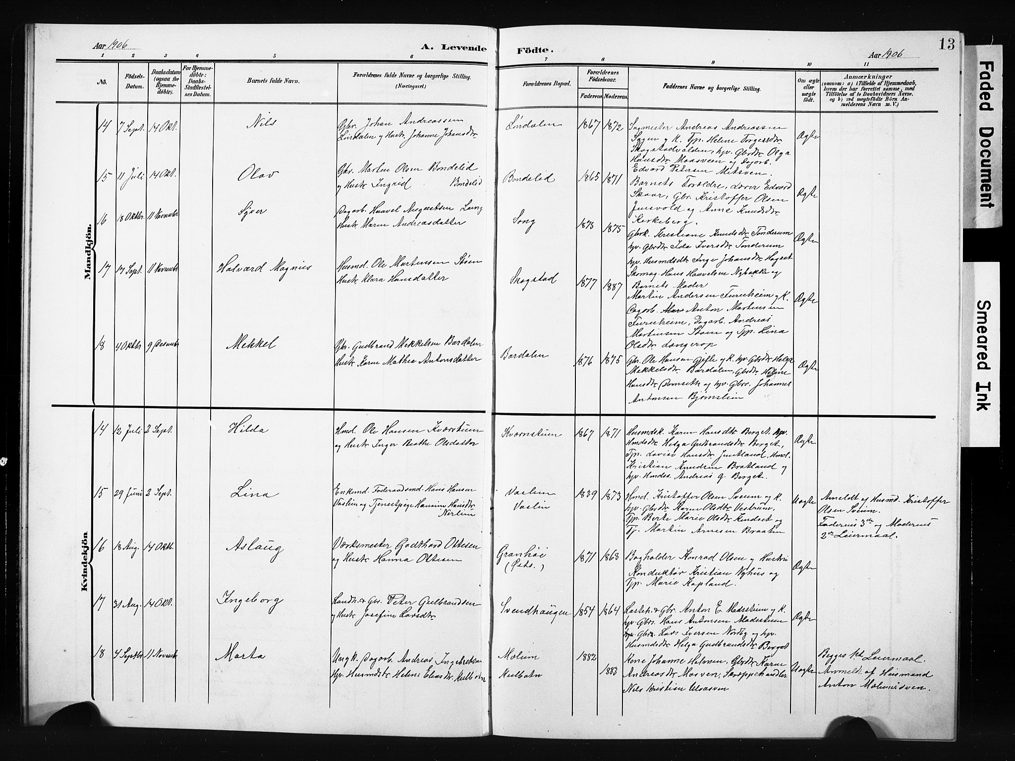 Nordre Land prestekontor, AV/SAH-PREST-124/H/Ha/Hab/L0006: Parish register (copy) no. 6, 1905-1929, p. 13