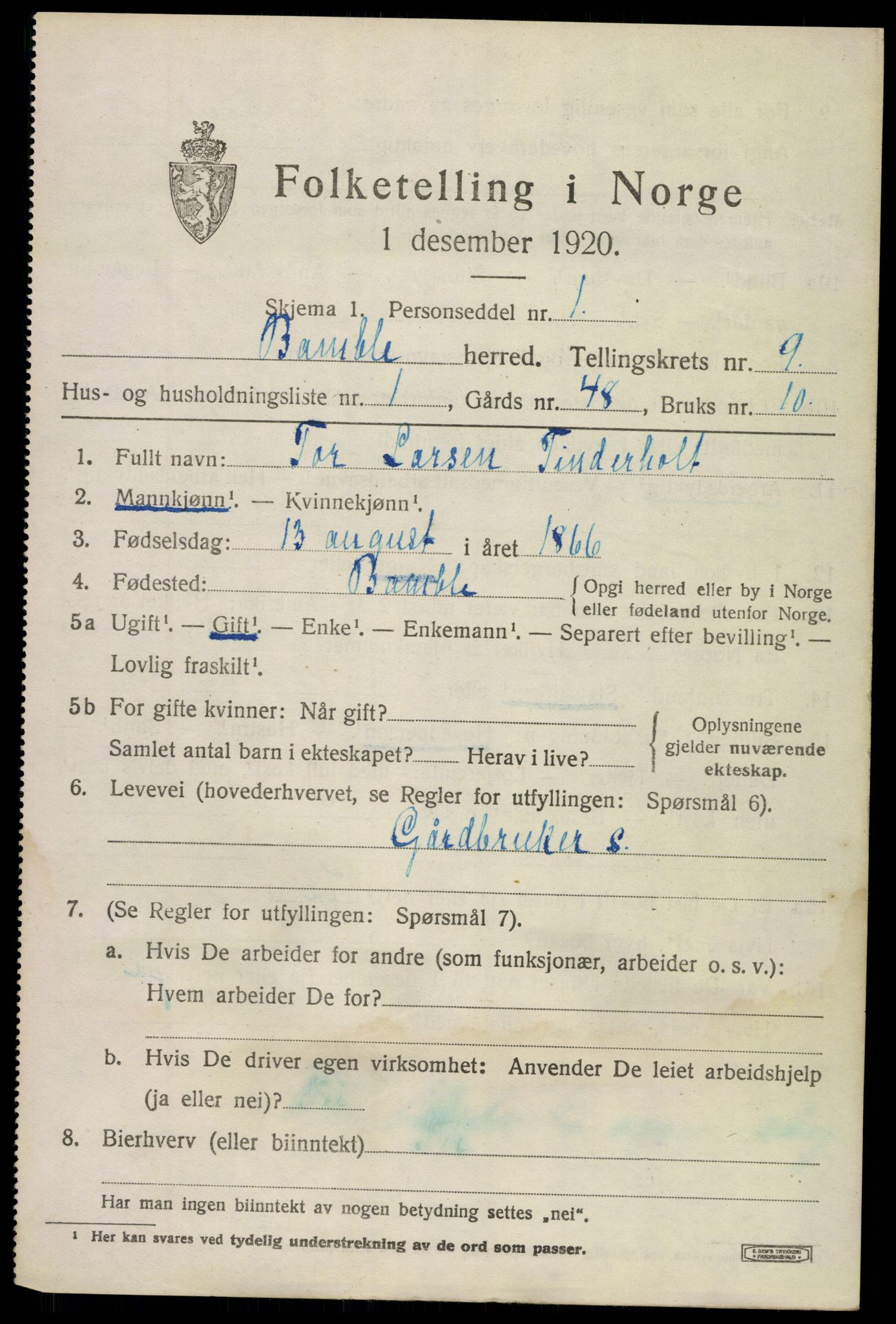 SAKO, 1920 census for Bamble, 1920, p. 7797