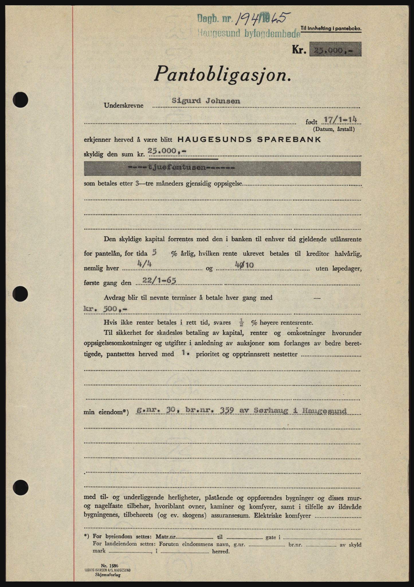 Haugesund tingrett, SAST/A-101415/01/II/IIC/L0053: Mortgage book no. B 53, 1965-1965, Diary no: : 194/1965