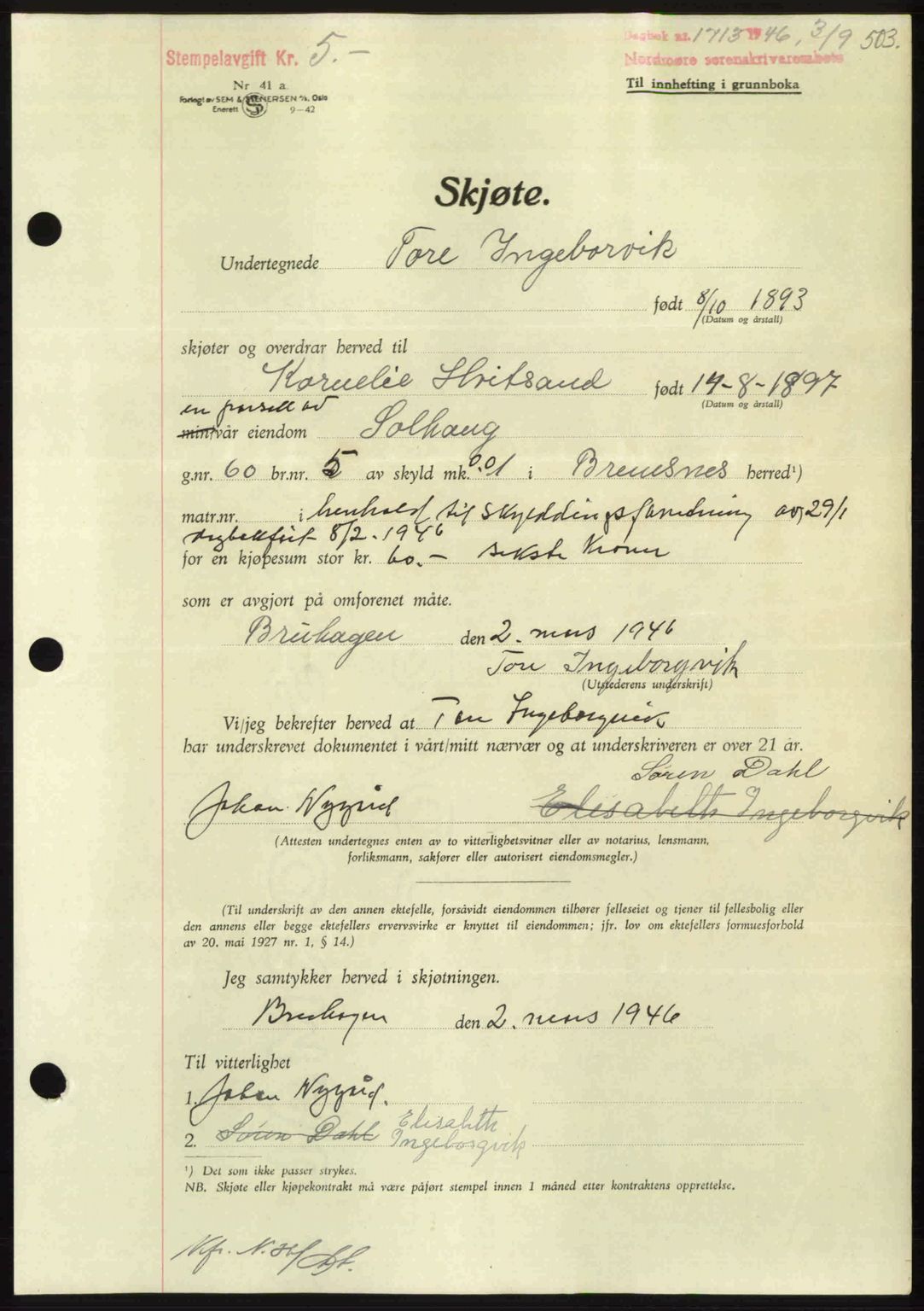 Nordmøre sorenskriveri, AV/SAT-A-4132/1/2/2Ca: Mortgage book no. A102, 1946-1946, Diary no: : 1713/1946