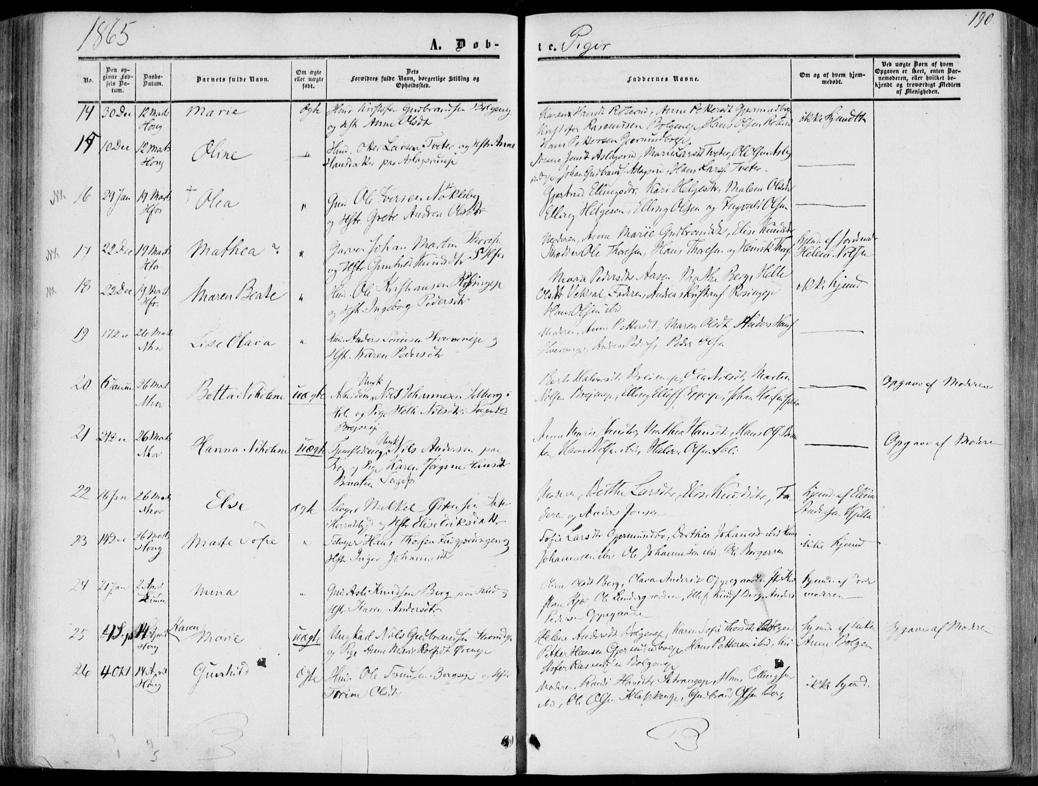 Norderhov kirkebøker, AV/SAKO-A-237/F/Fa/L0012: Parish register (official) no. 12, 1856-1865, p. 190