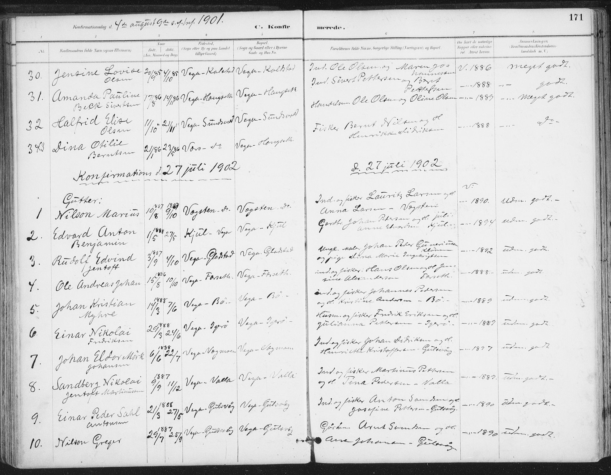 Ministerialprotokoller, klokkerbøker og fødselsregistre - Nordland, AV/SAT-A-1459/816/L0244: Parish register (official) no. 816A10, 1886-1903, p. 171