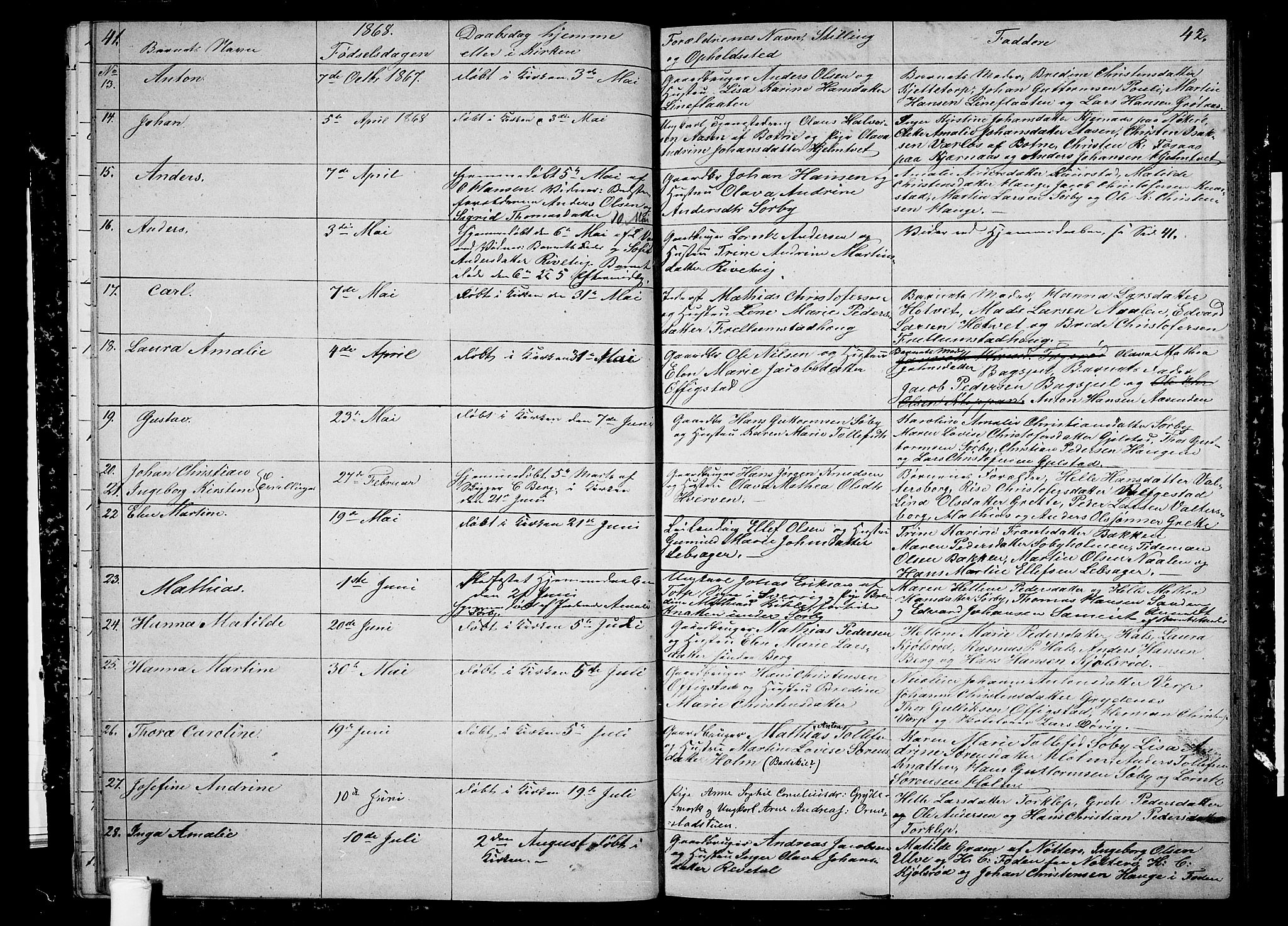 Våle kirkebøker, SAKO/A-334/G/Ga/L0003: Parish register (copy) no. I 3, 1863-1874, p. 41-42