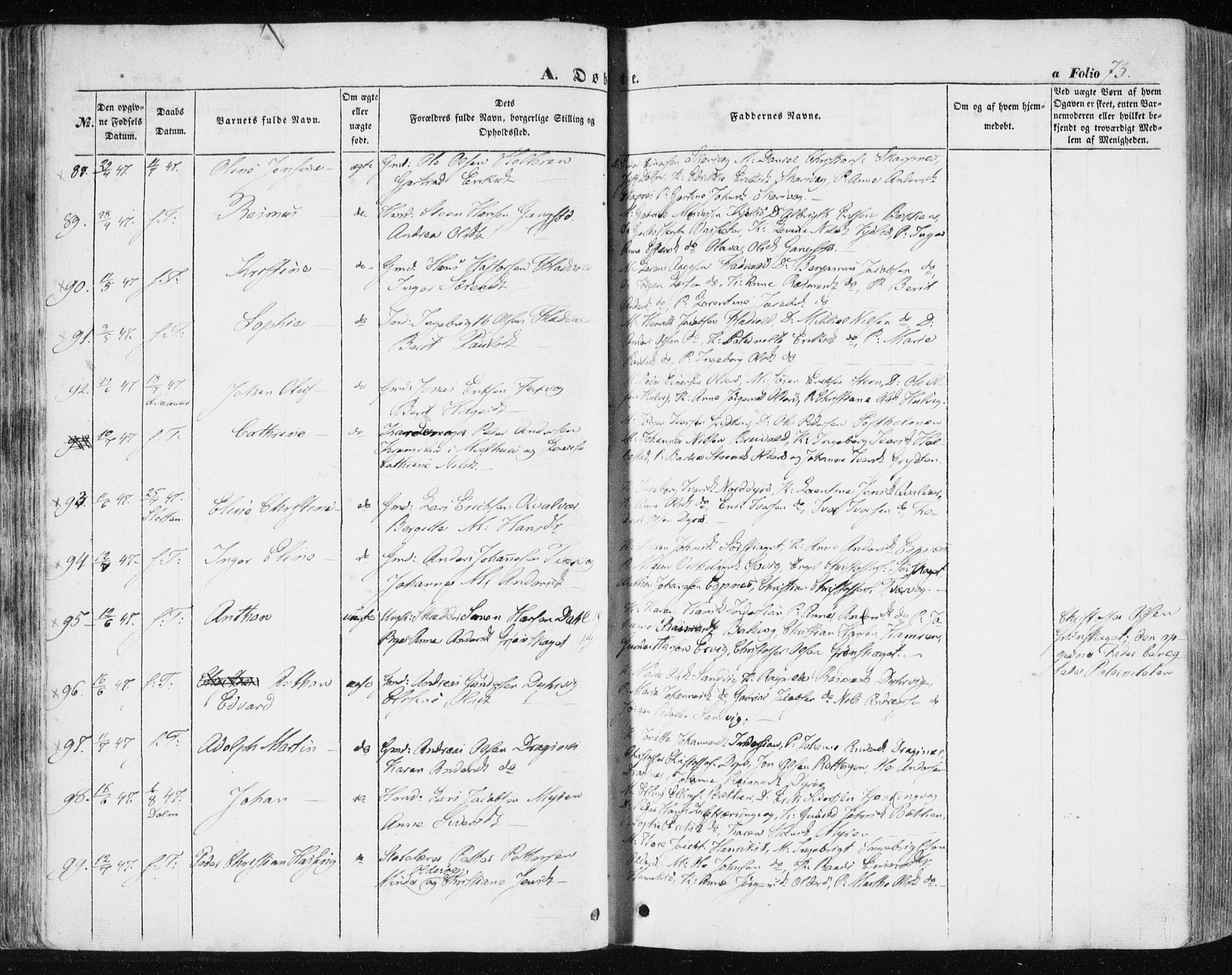 Ministerialprotokoller, klokkerbøker og fødselsregistre - Sør-Trøndelag, AV/SAT-A-1456/634/L0529: Parish register (official) no. 634A05, 1843-1851, p. 73