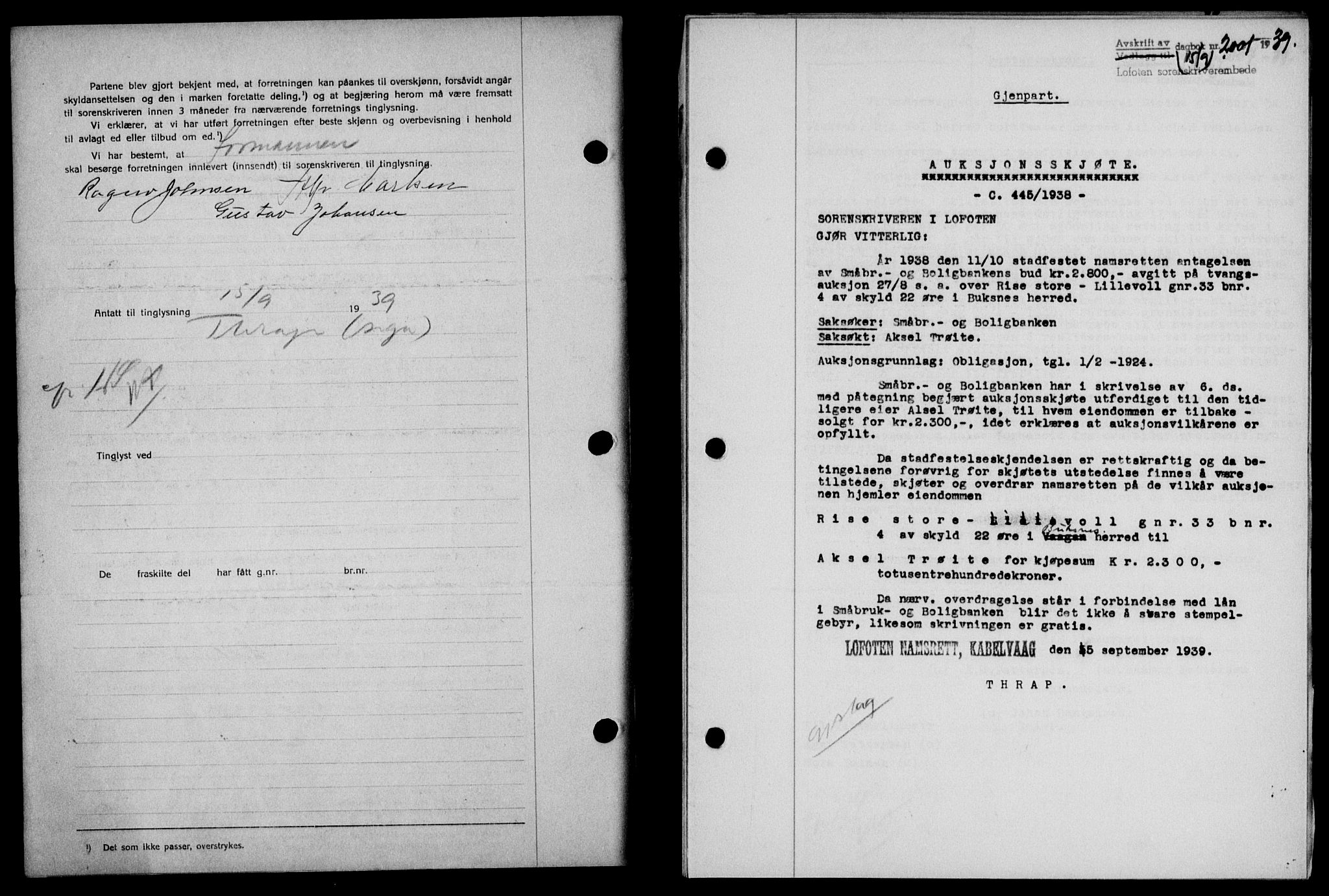 Lofoten sorenskriveri, SAT/A-0017/1/2/2C/L0006a: Mortgage book no. 6a, 1939-1939, Diary no: : 2001/1939