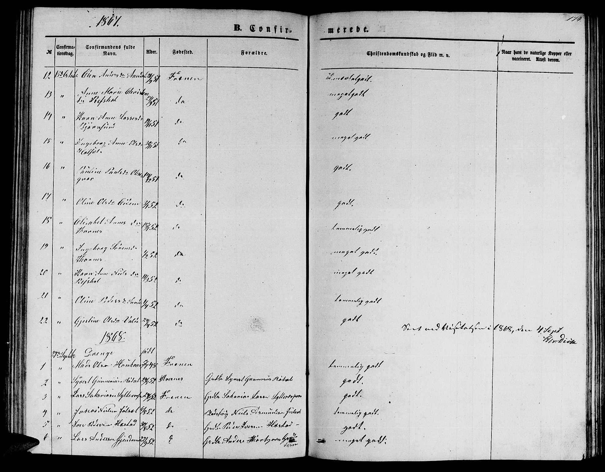 Ministerialprotokoller, klokkerbøker og fødselsregistre - Møre og Romsdal, SAT/A-1454/565/L0753: Parish register (copy) no. 565C02, 1845-1870, p. 174