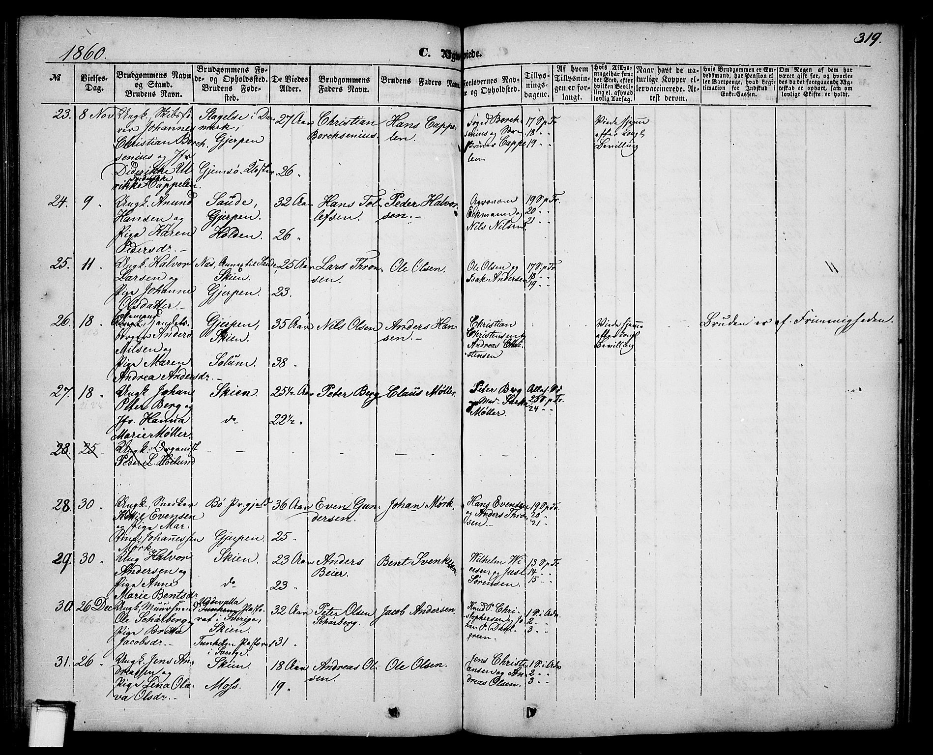 Skien kirkebøker, SAKO/A-302/G/Ga/L0004: Parish register (copy) no. 4, 1843-1867, p. 319
