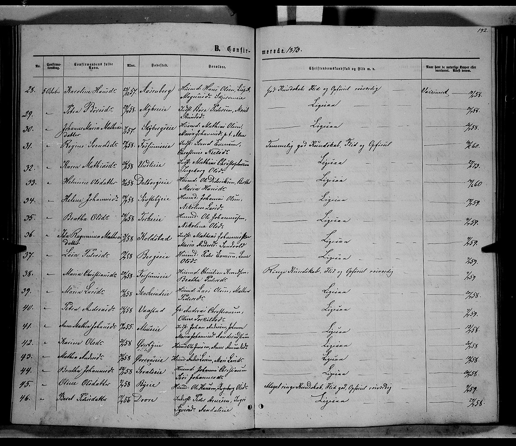 Vardal prestekontor, SAH/PREST-100/H/Ha/Hab/L0006: Parish register (copy) no. 6, 1869-1881, p. 192