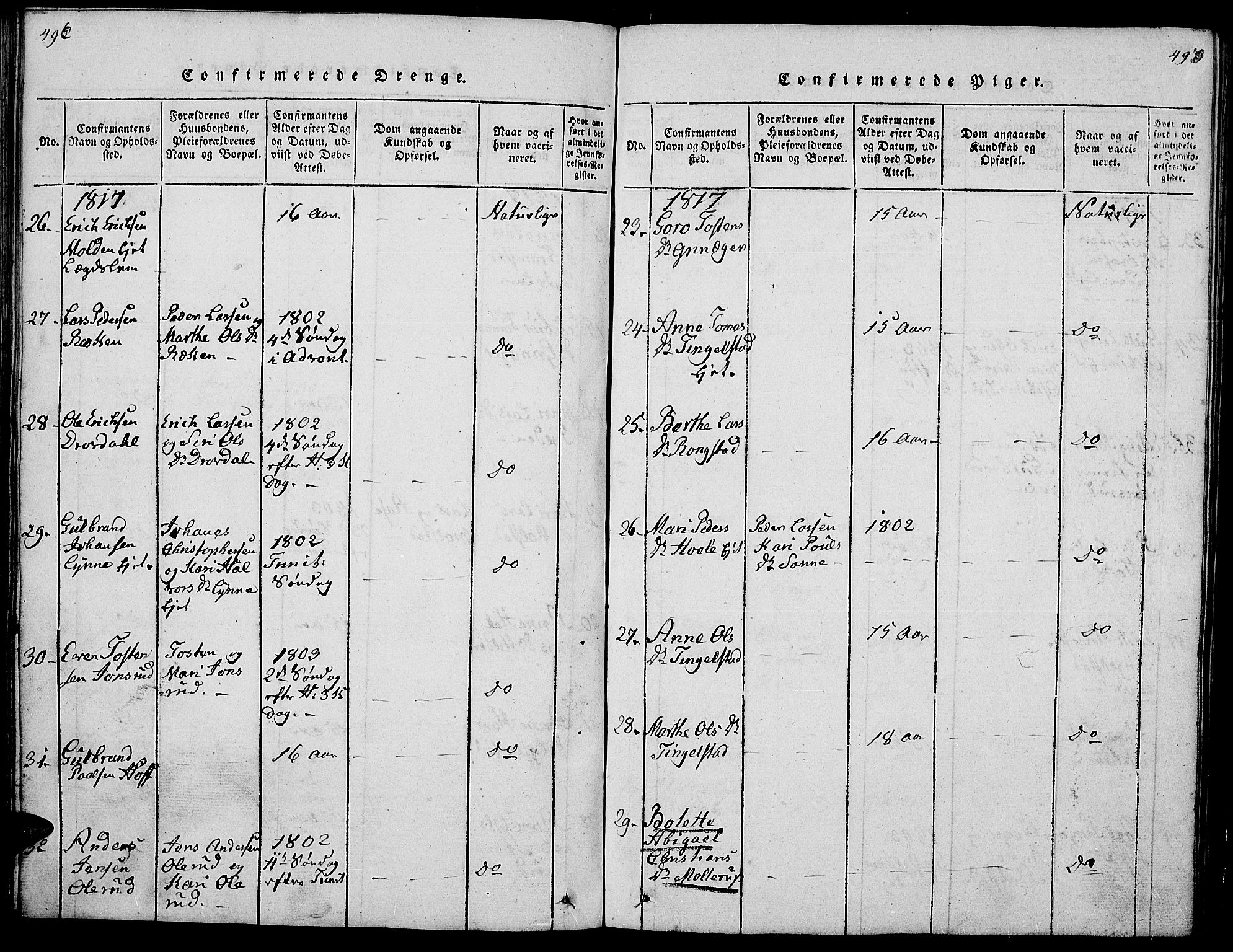 Gran prestekontor, AV/SAH-PREST-112/H/Ha/Hab/L0001: Parish register (copy) no. 1, 1815-1824, p. 492-493